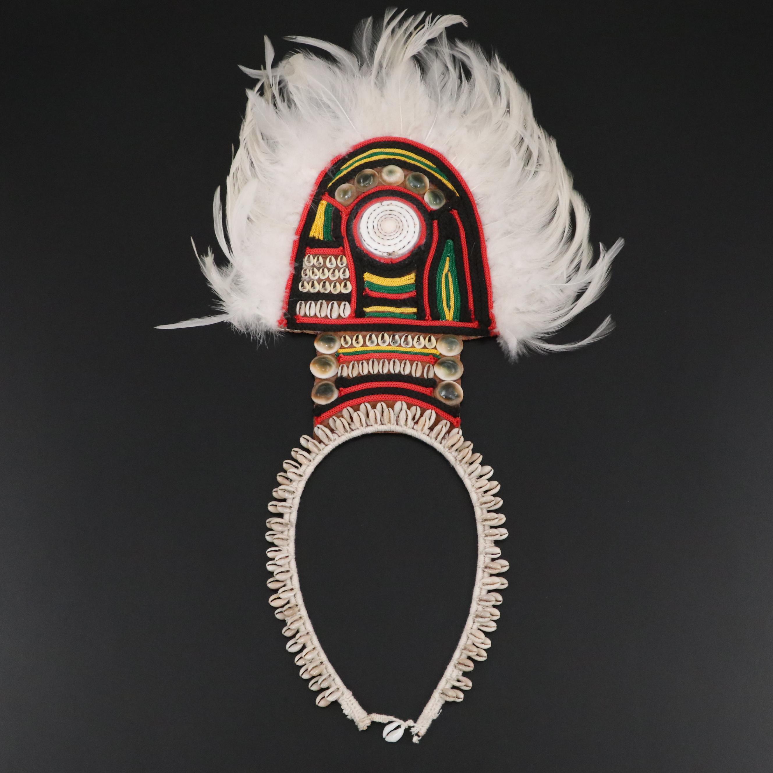 PNG Yali Peoples Cowrie Bead, Feather and Braided Cord Leather Shield Necklace