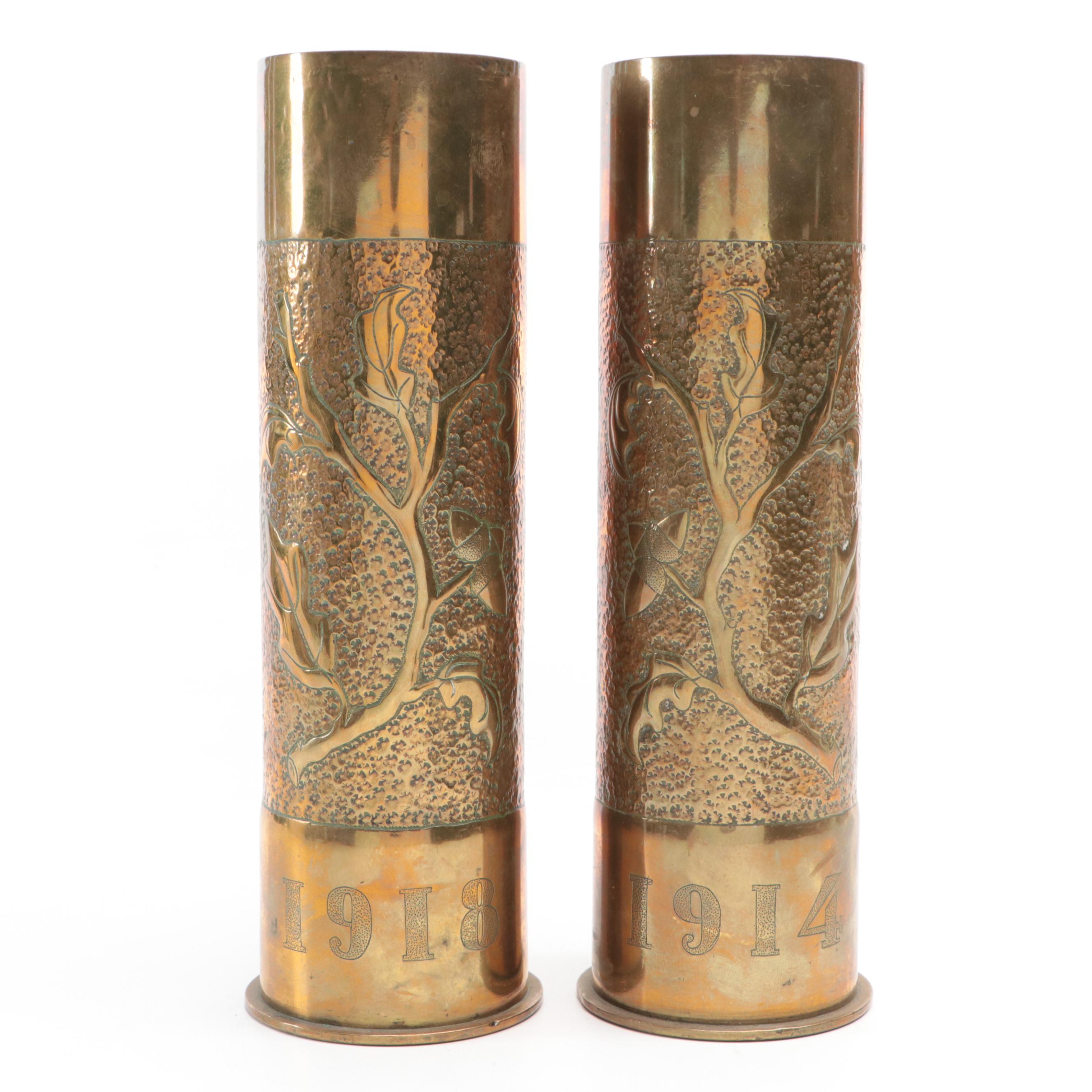 World War I Era Brass Trench Art Vases, 1918