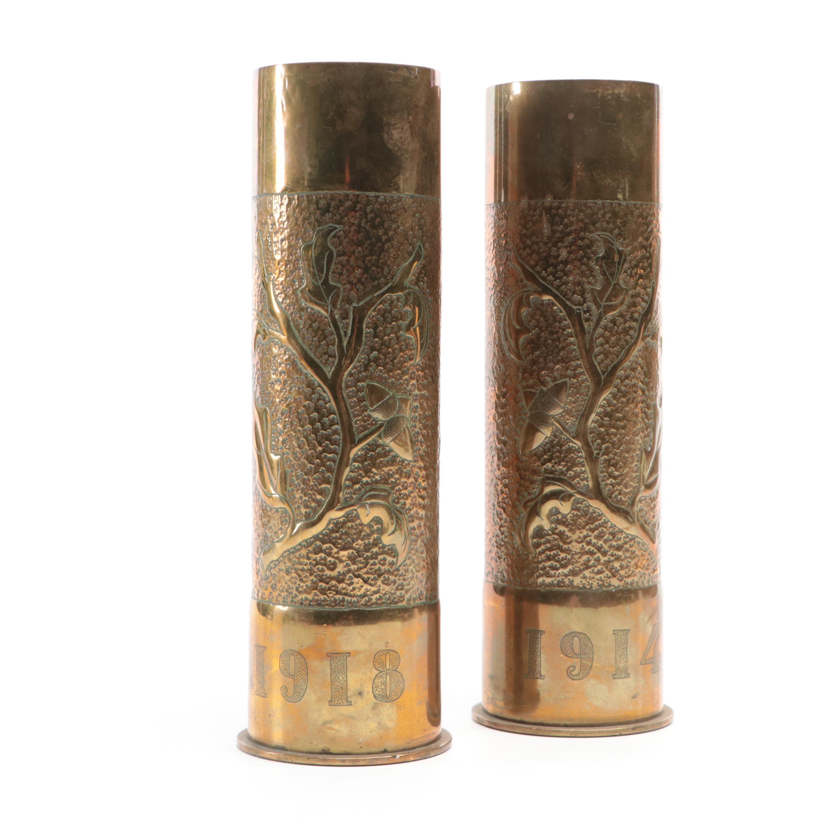 World War I Era Brass Trench Art Vases, 1918