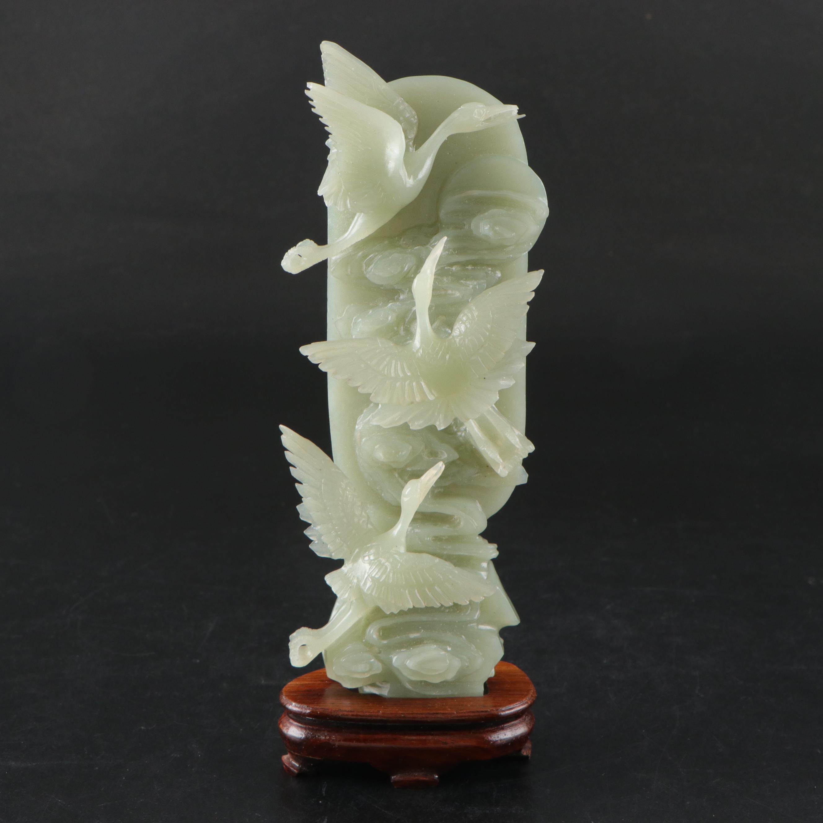 Chinese Hand-Carved Nephrite Flying Cranes Figurine in Display Box