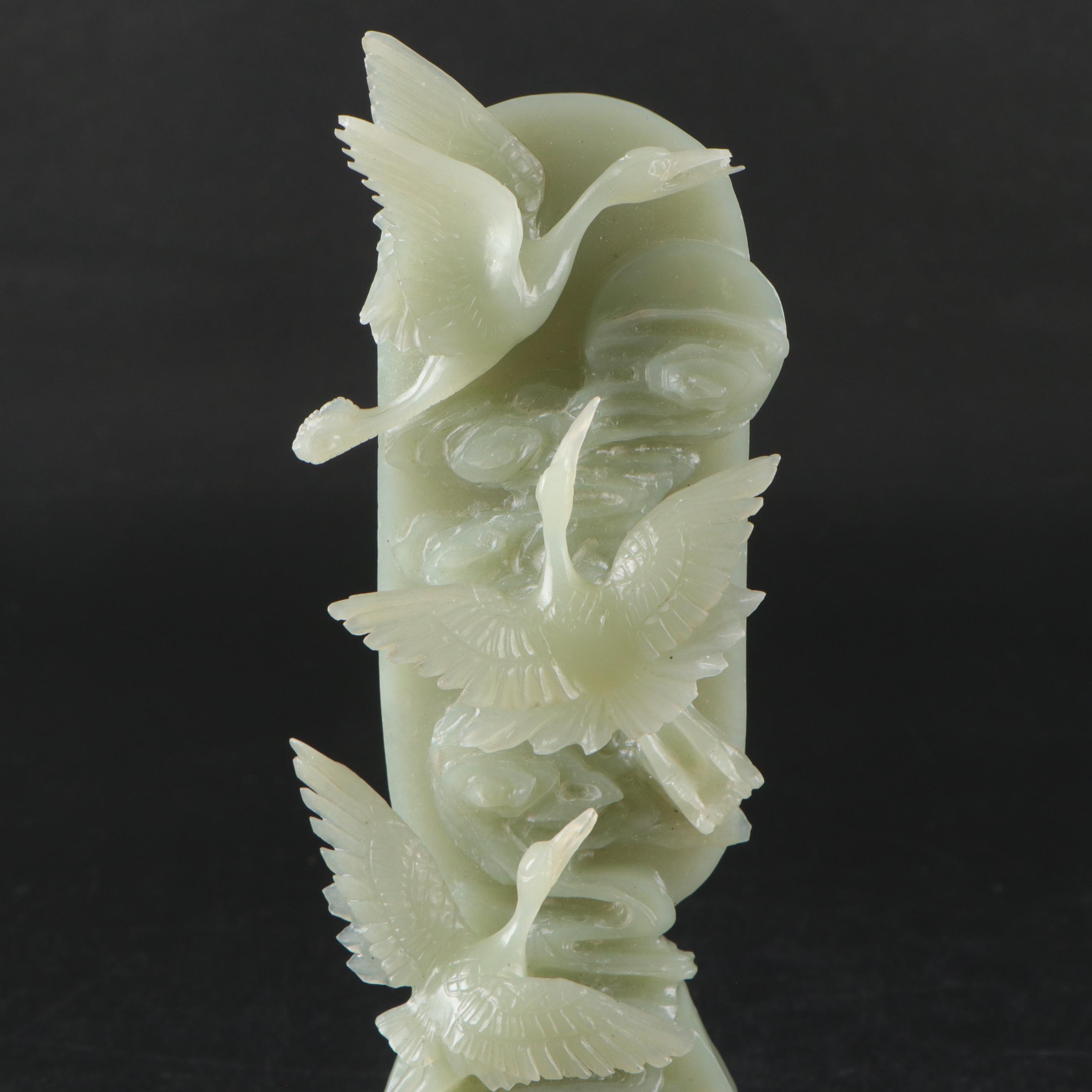 Chinese Hand-Carved Nephrite Flying Cranes Figurine in Display Box
