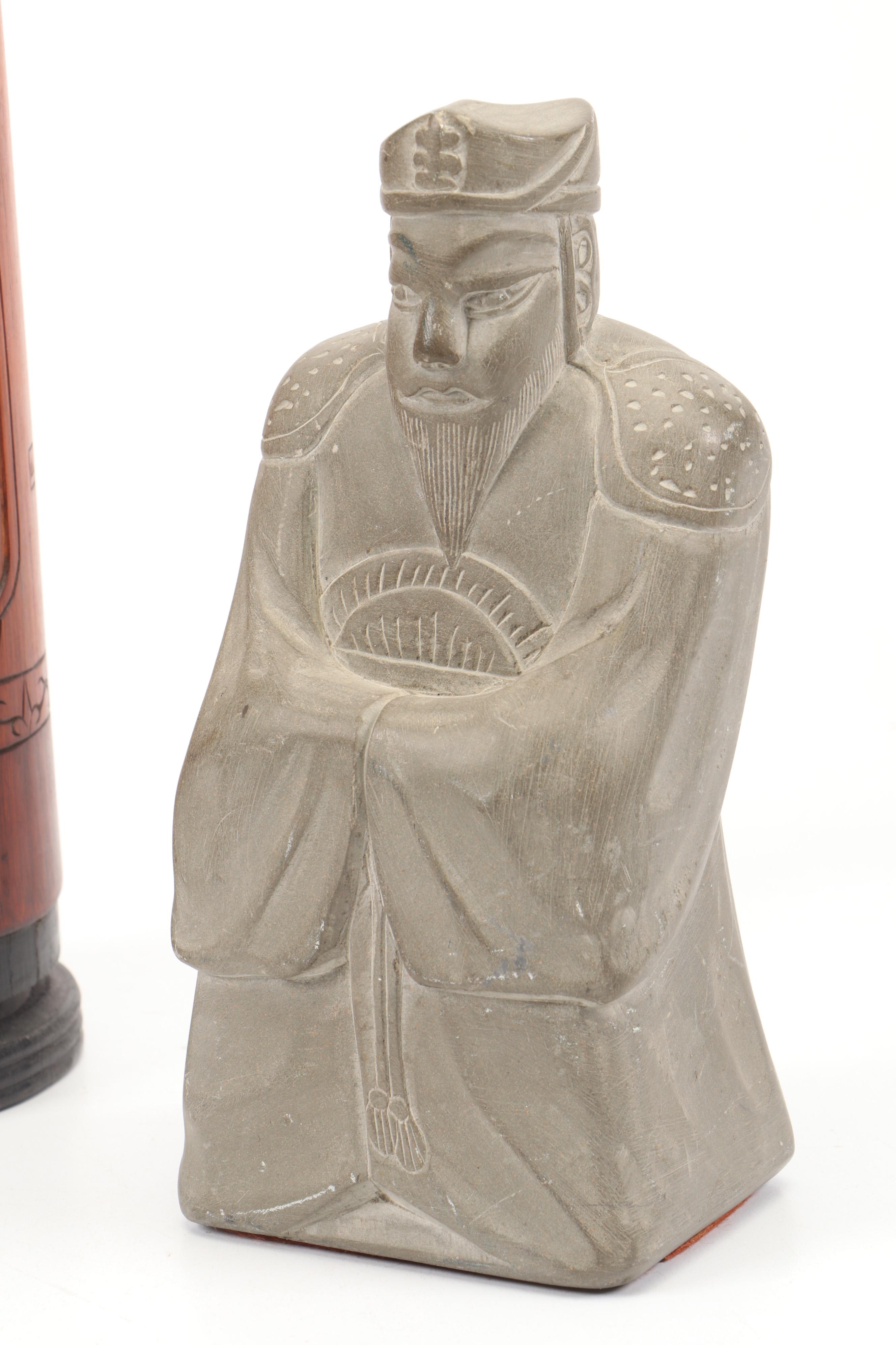 Japanese Carved Sumitsubo with Indonesian 800 Silver Figurine and Other Decor