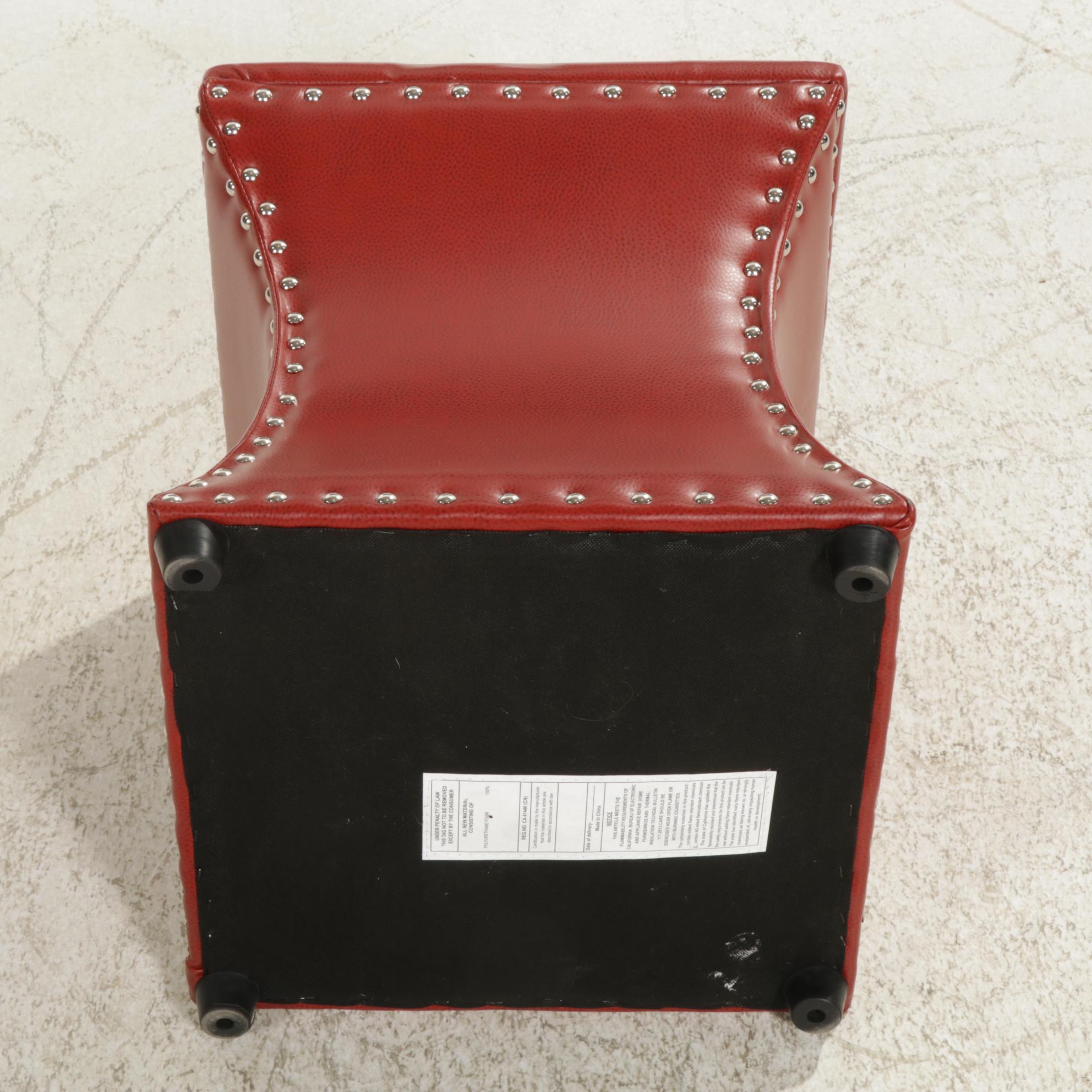 Red Faux Leather Floor Stool with Nailhead Trim