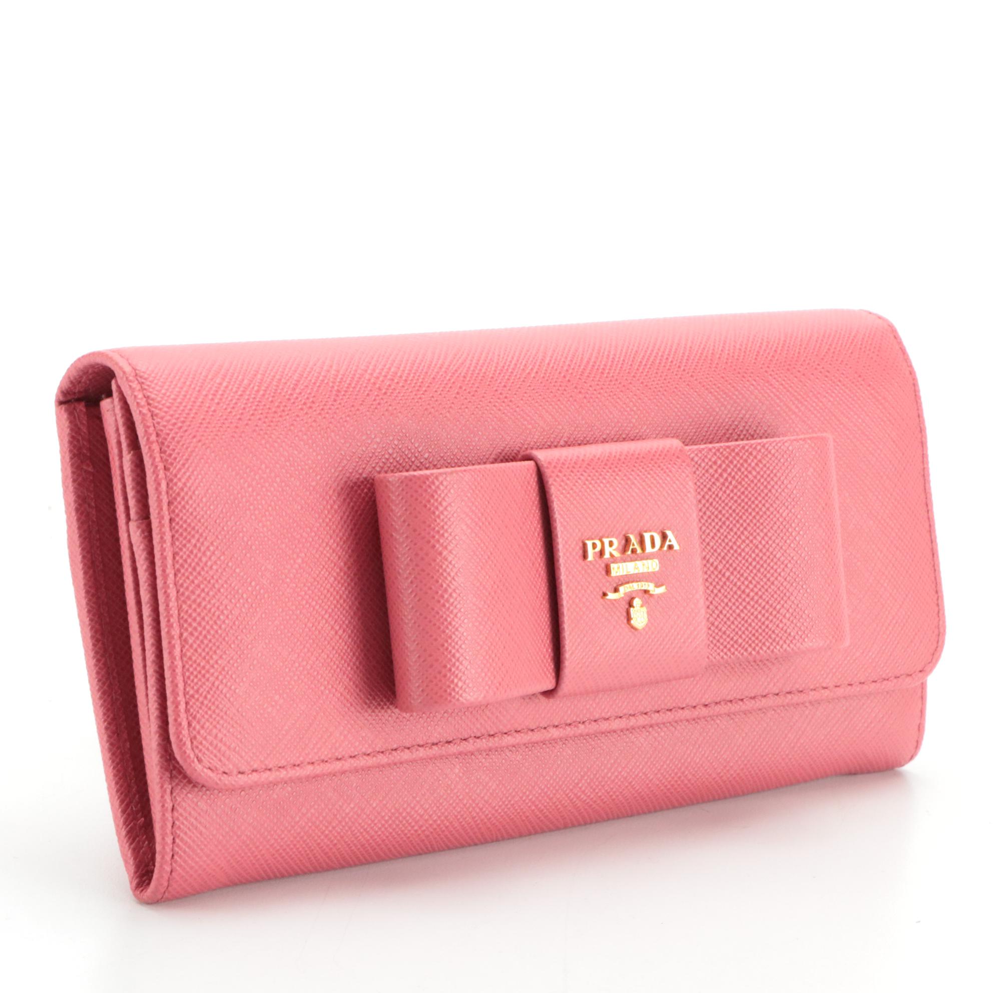 Prada Continental Bow Wallet in Peony Pink Saffiano Leather With Box