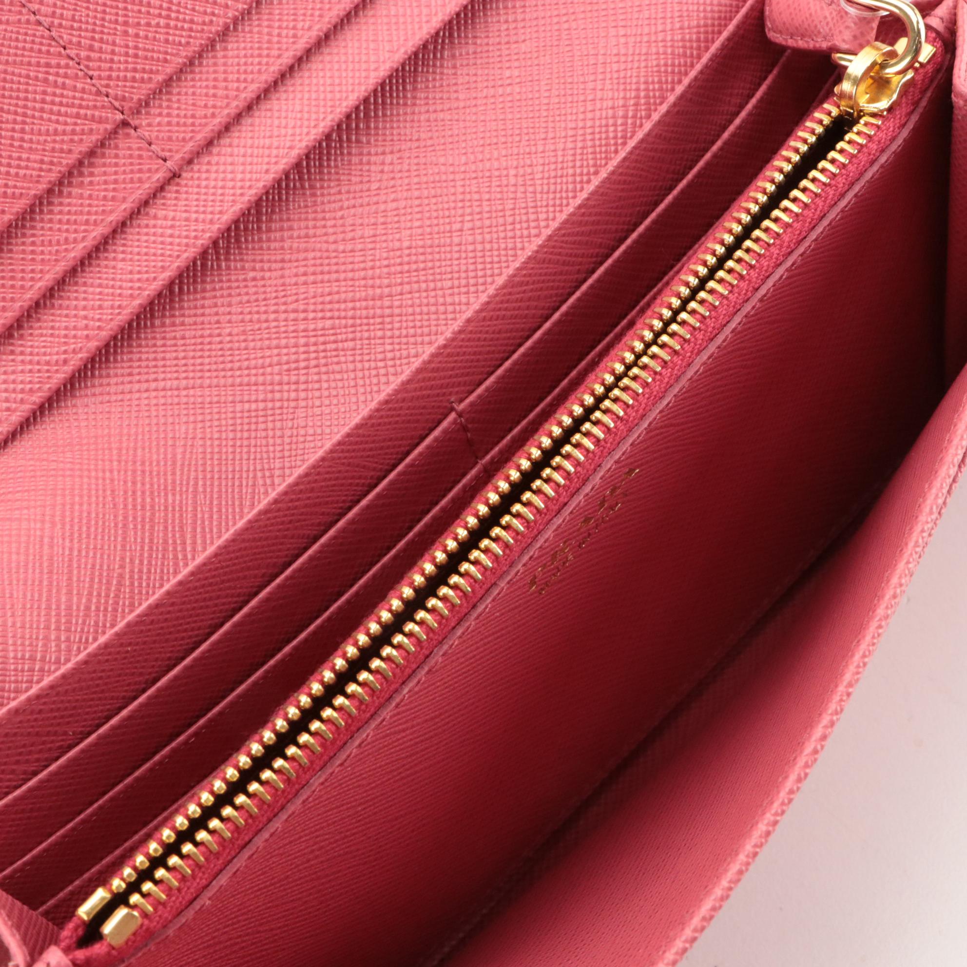 Prada Continental Bow Wallet in Peony Pink Saffiano Leather With Box