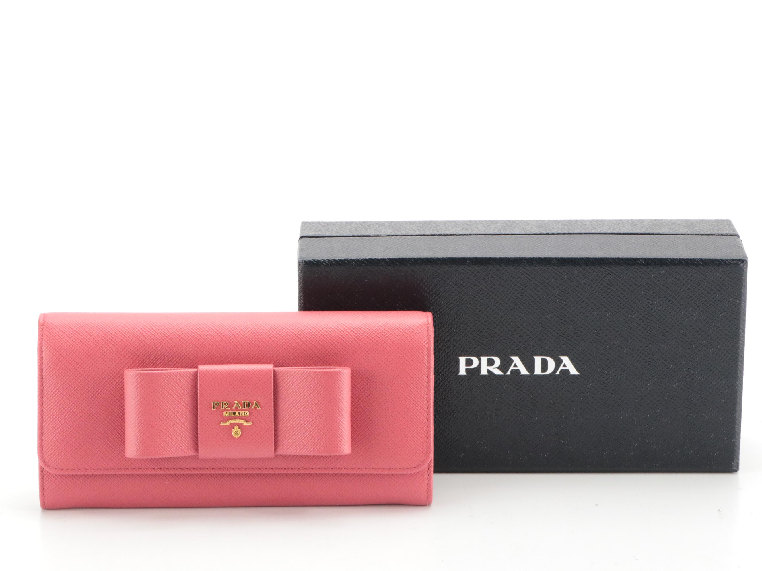 Prada Continental Bow Wallet in Peony Pink Saffiano Leather With Box