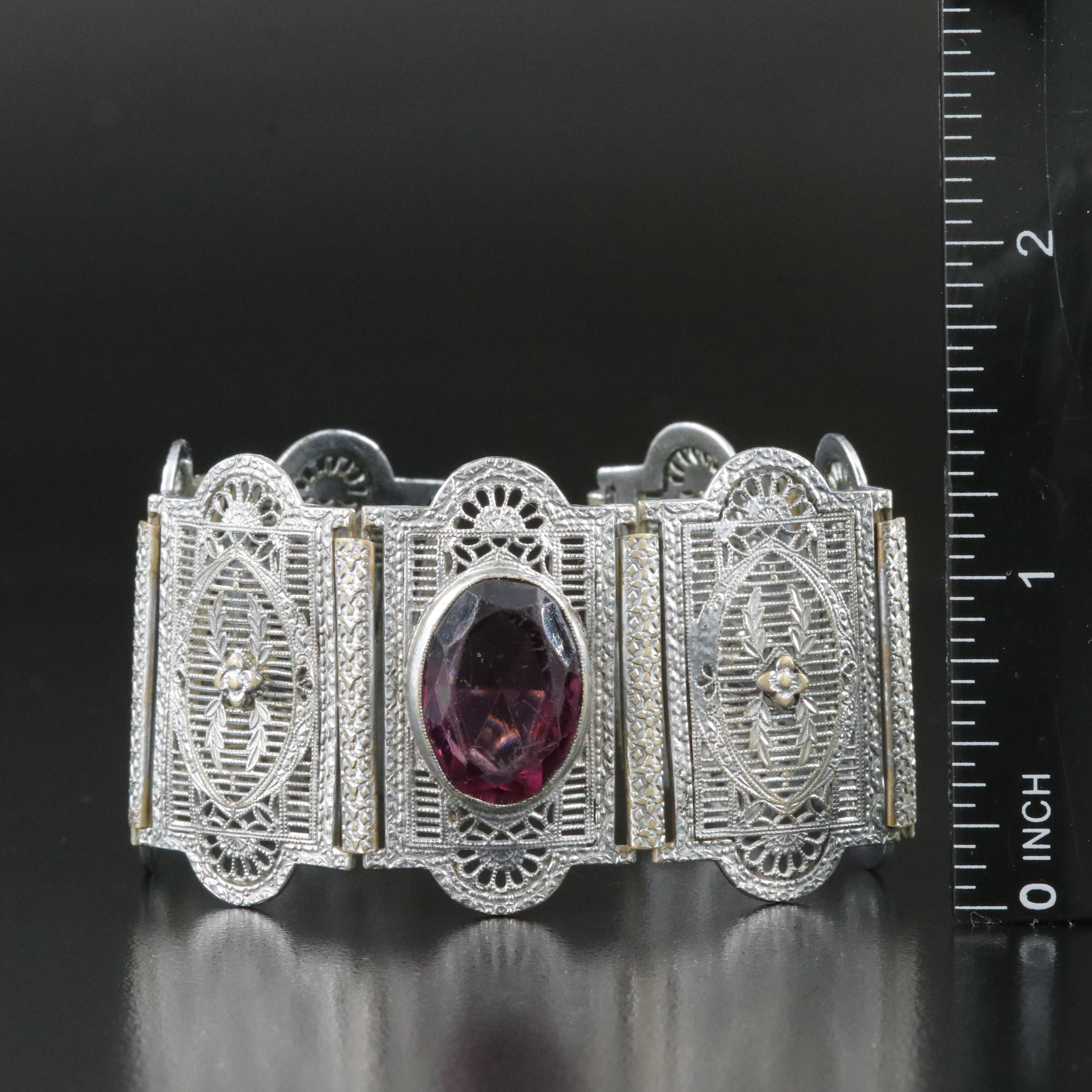 Art Deco Filigree Panel Link Glass Bracelet EBTH