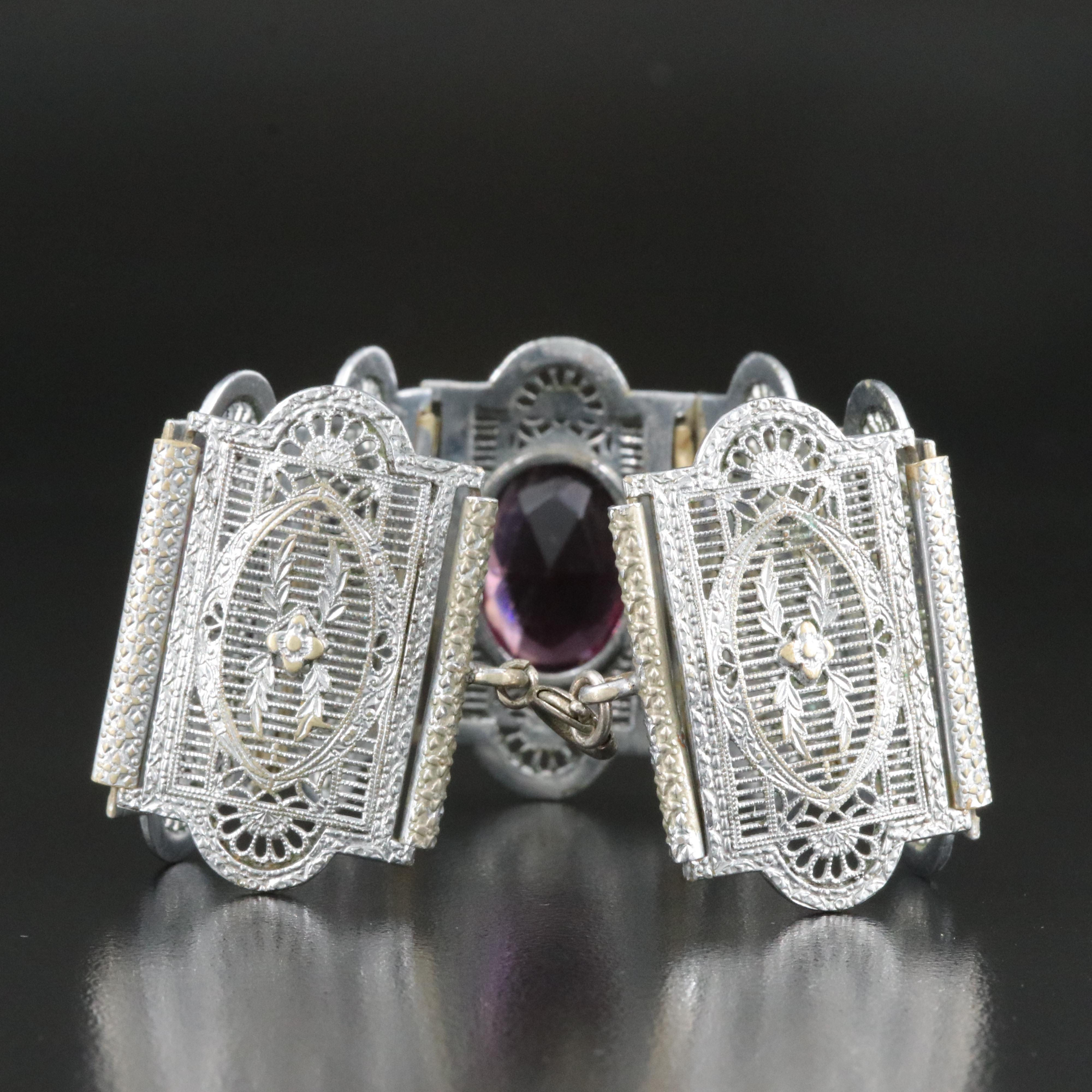 Art Deco Filigree Panel Link Glass Bracelet EBTH