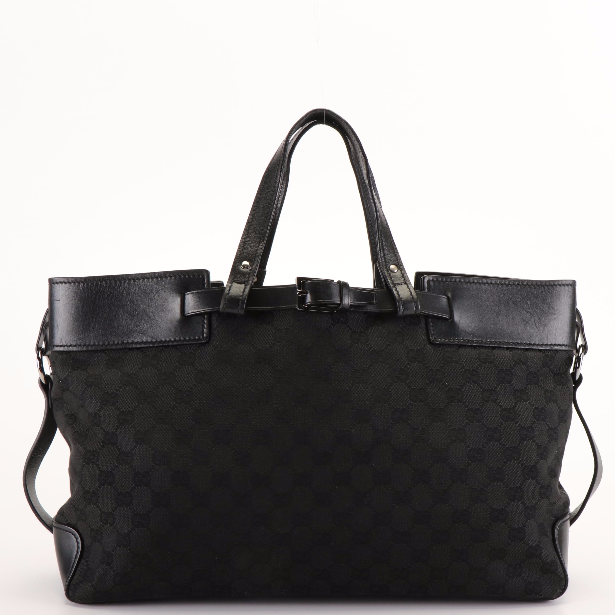 Gucci East West Buckle Tote Bag in Black GG Canvas and Leather