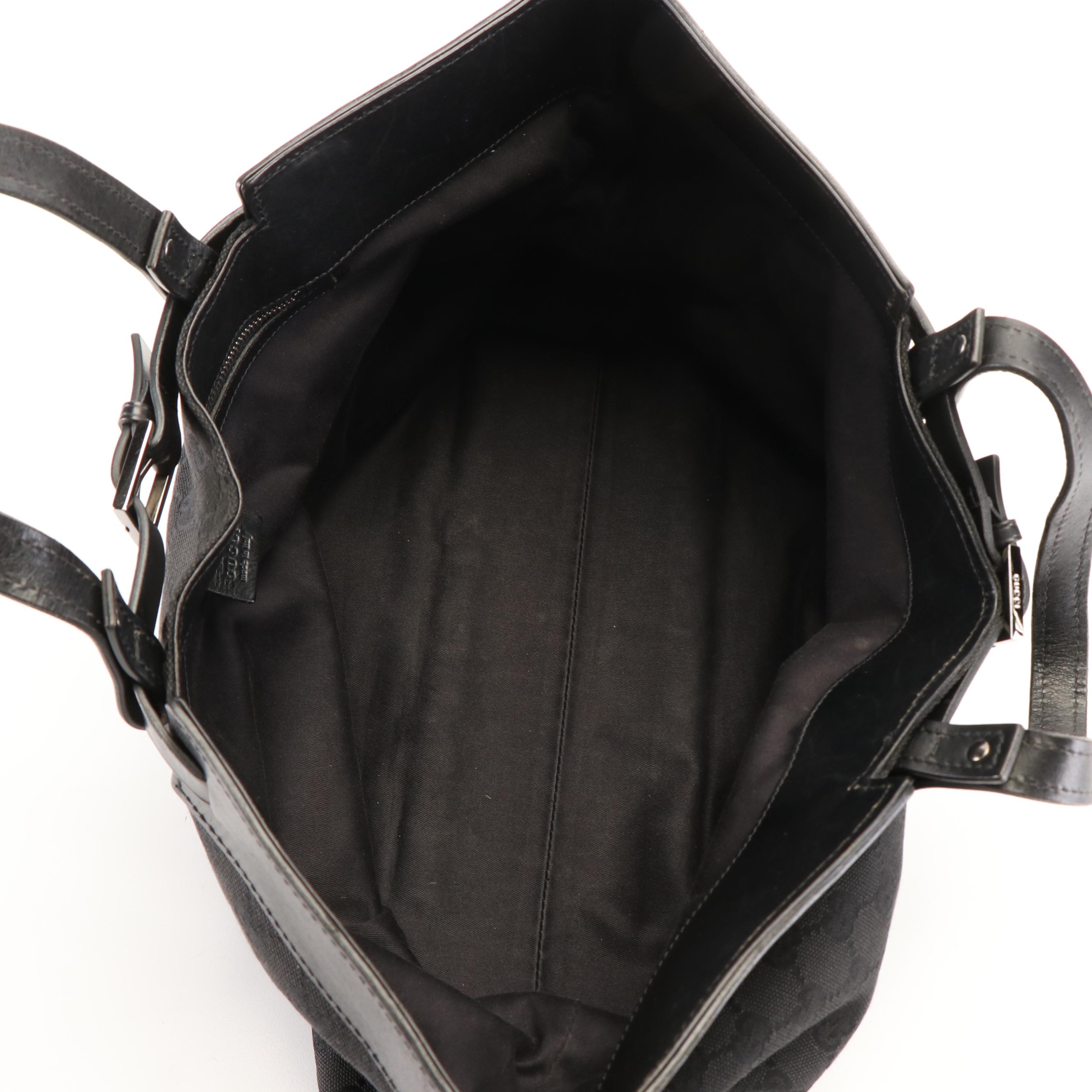 Gucci East West Buckle Tote Bag in Black GG Canvas and Leather