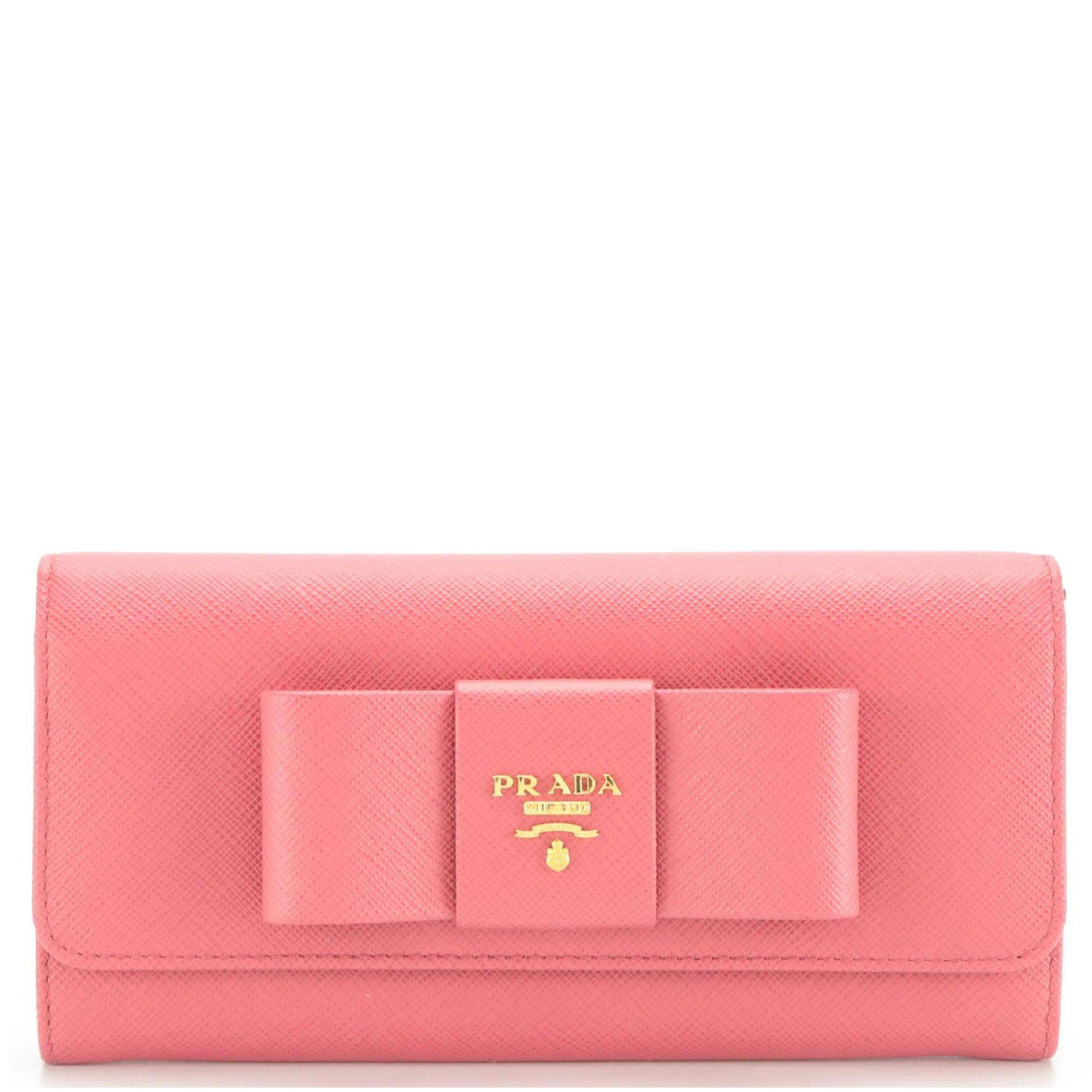Prada Continental Bow Wallet in Peony Pink Saffiano Leather With Box