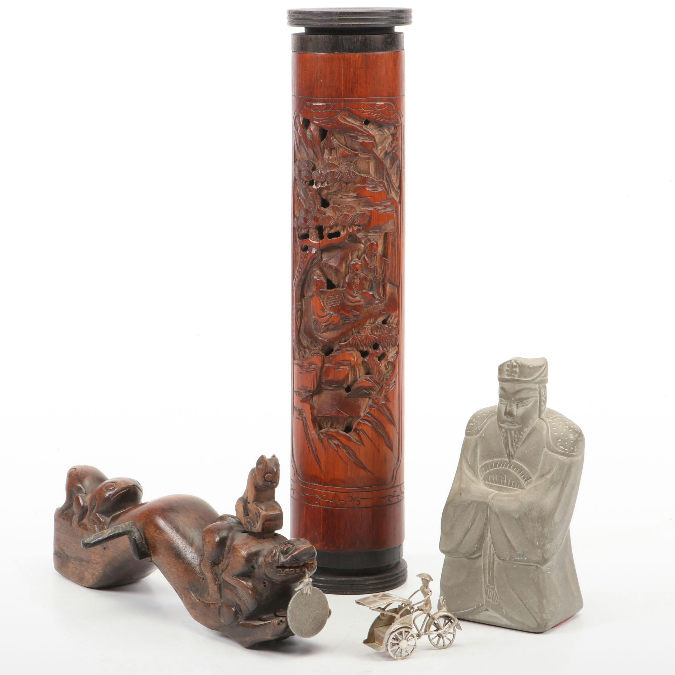 Japanese Carved Sumitsubo with Indonesian 800 Silver Figurine and Other Decor