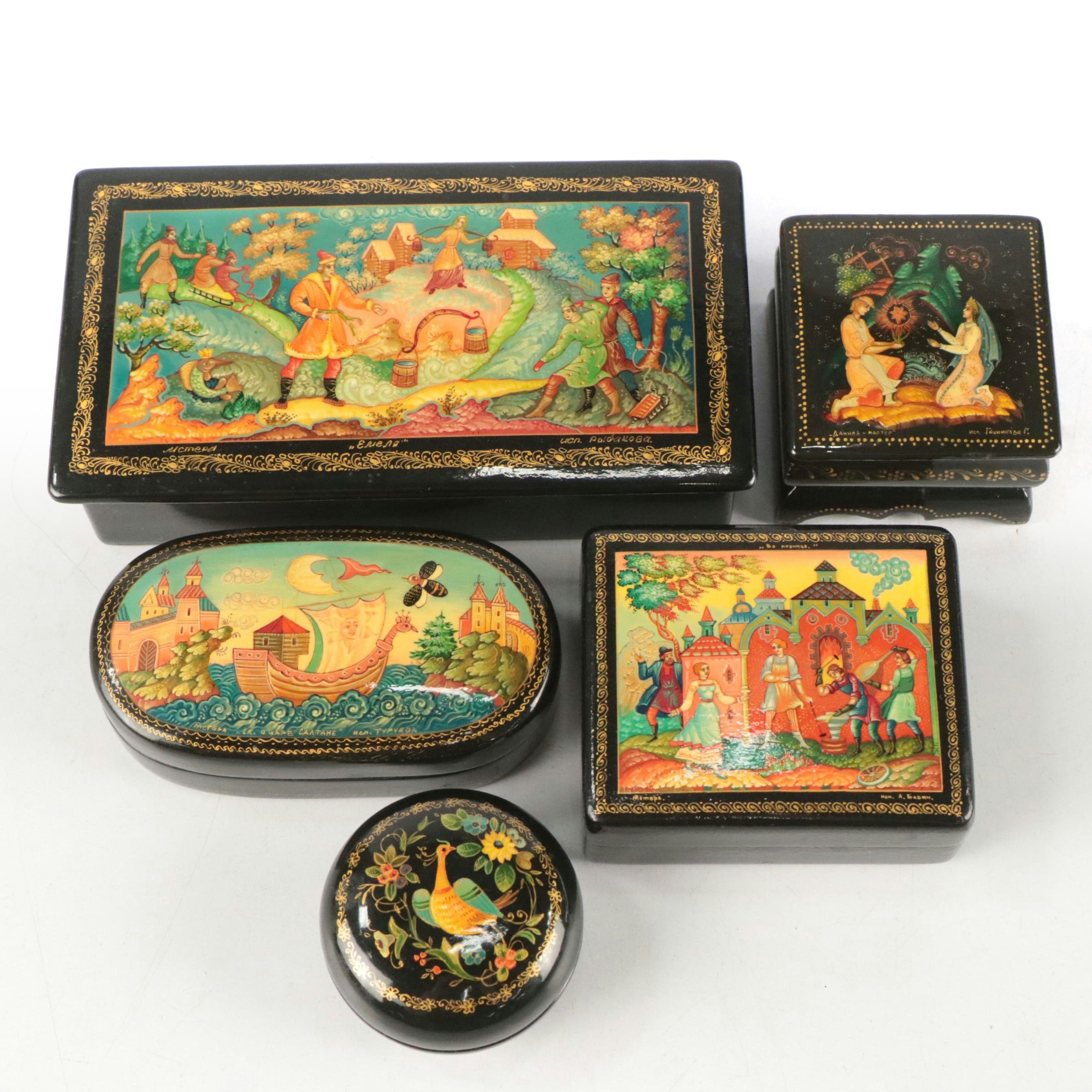 Russian Mstera Handcrafted Lacquer Box with Other Russian Lacquer Boxes