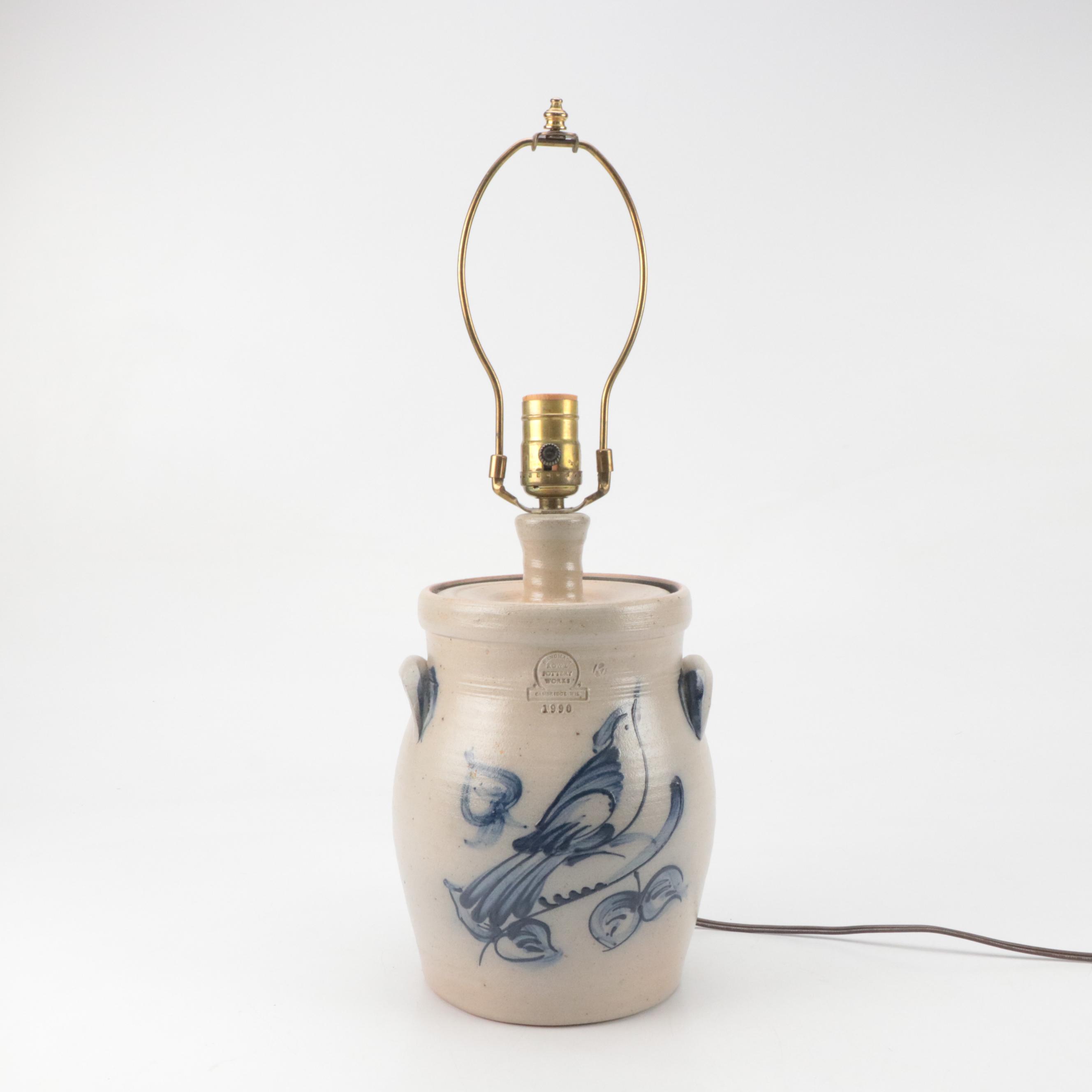 Rowe Pottery Works Salt-Glazed Crock Lamp with Cobalt Design, 1990