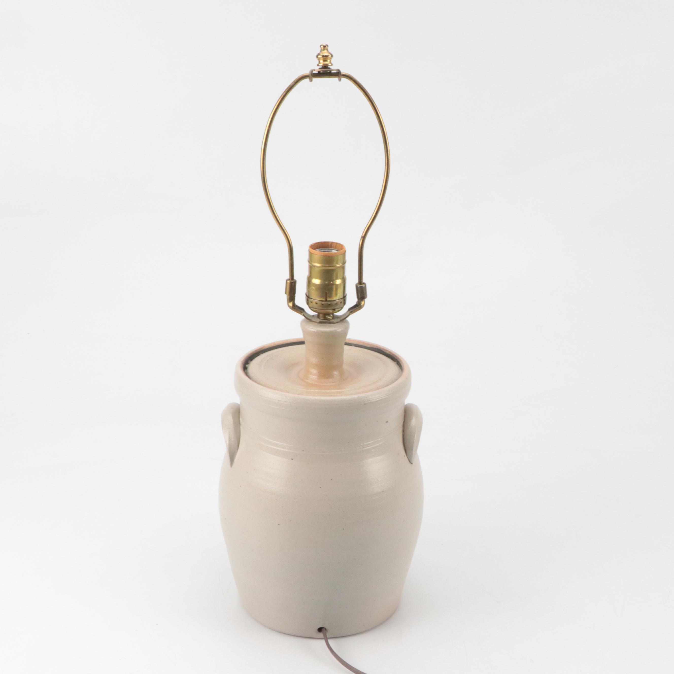 Rowe Pottery Works Salt-Glazed Crock Lamp with Cobalt Design, 1990