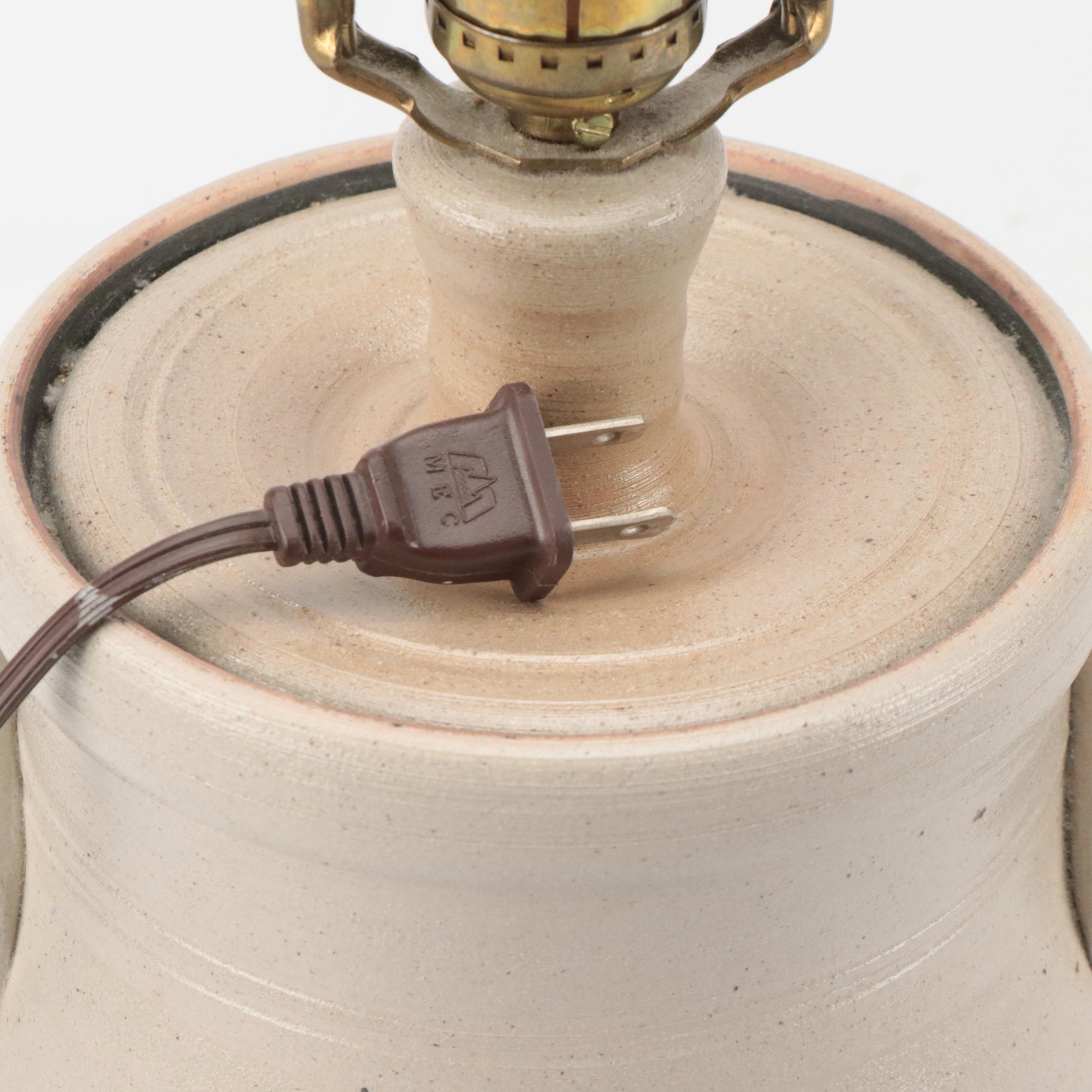 Rowe Pottery Works Salt-Glazed Crock Lamp with Cobalt Design, 1990