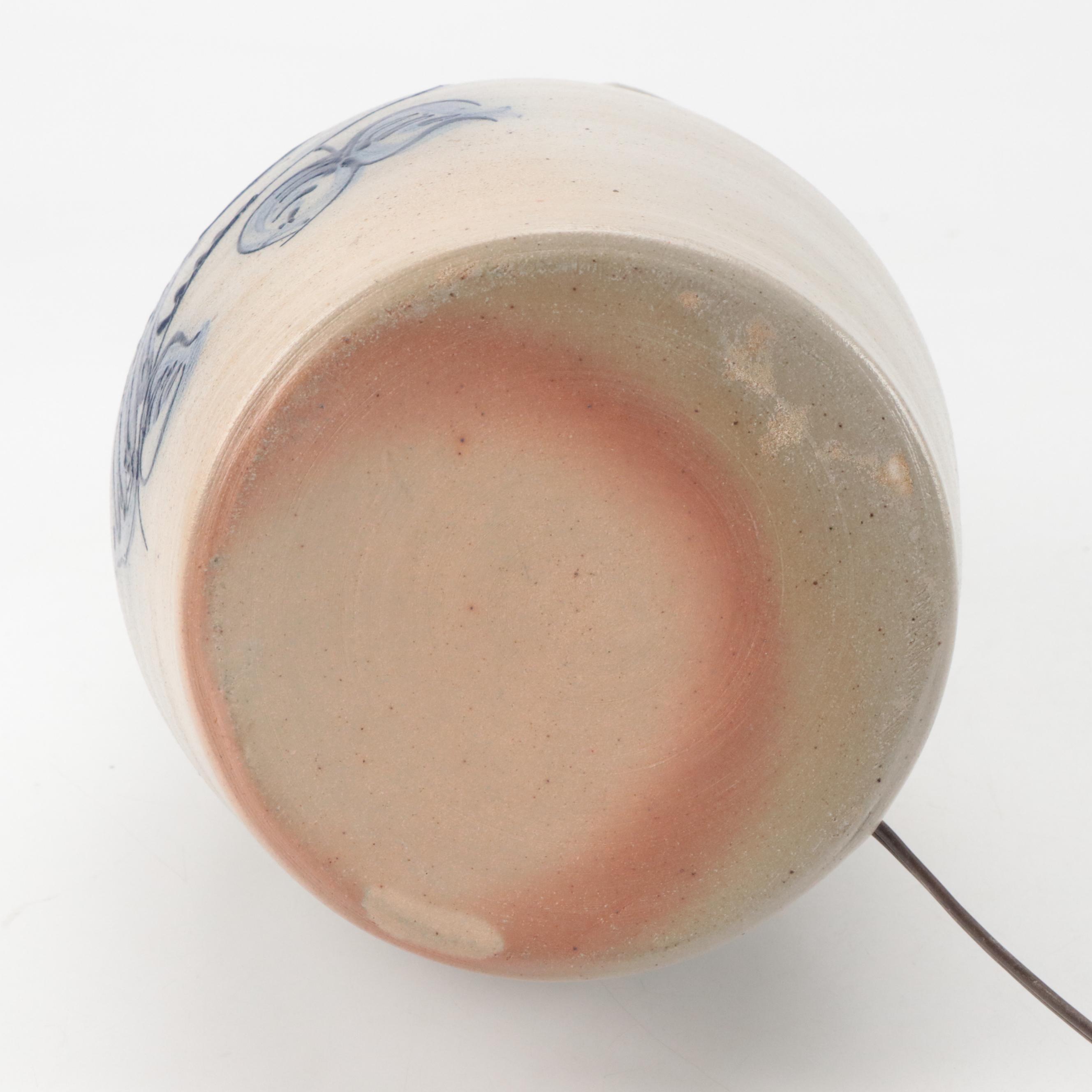 Rowe Pottery Works Salt-Glazed Crock Lamp with Cobalt Design, 1990
