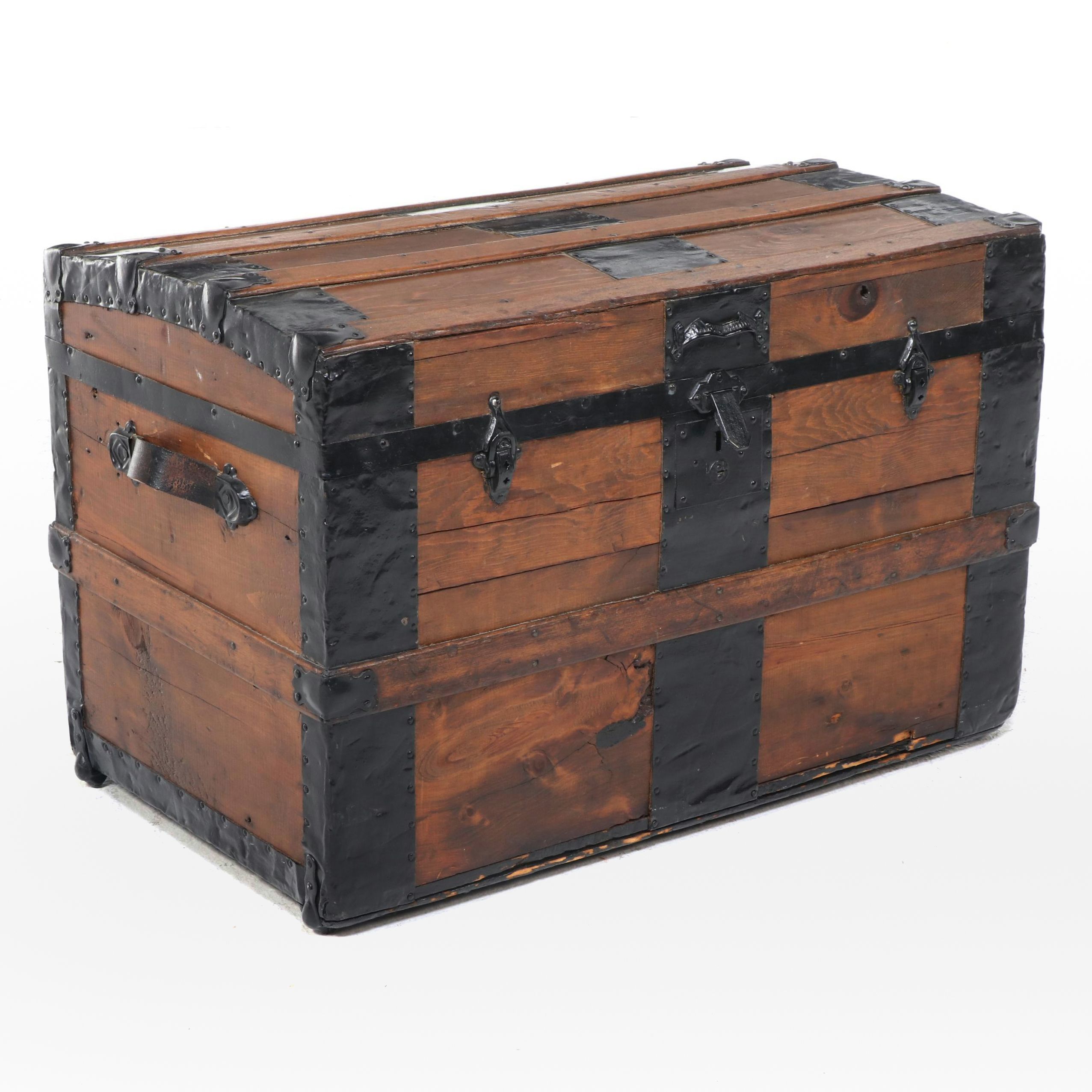 Late Victorian Metal-Bound and Slatted Wood Steamer Trunk
