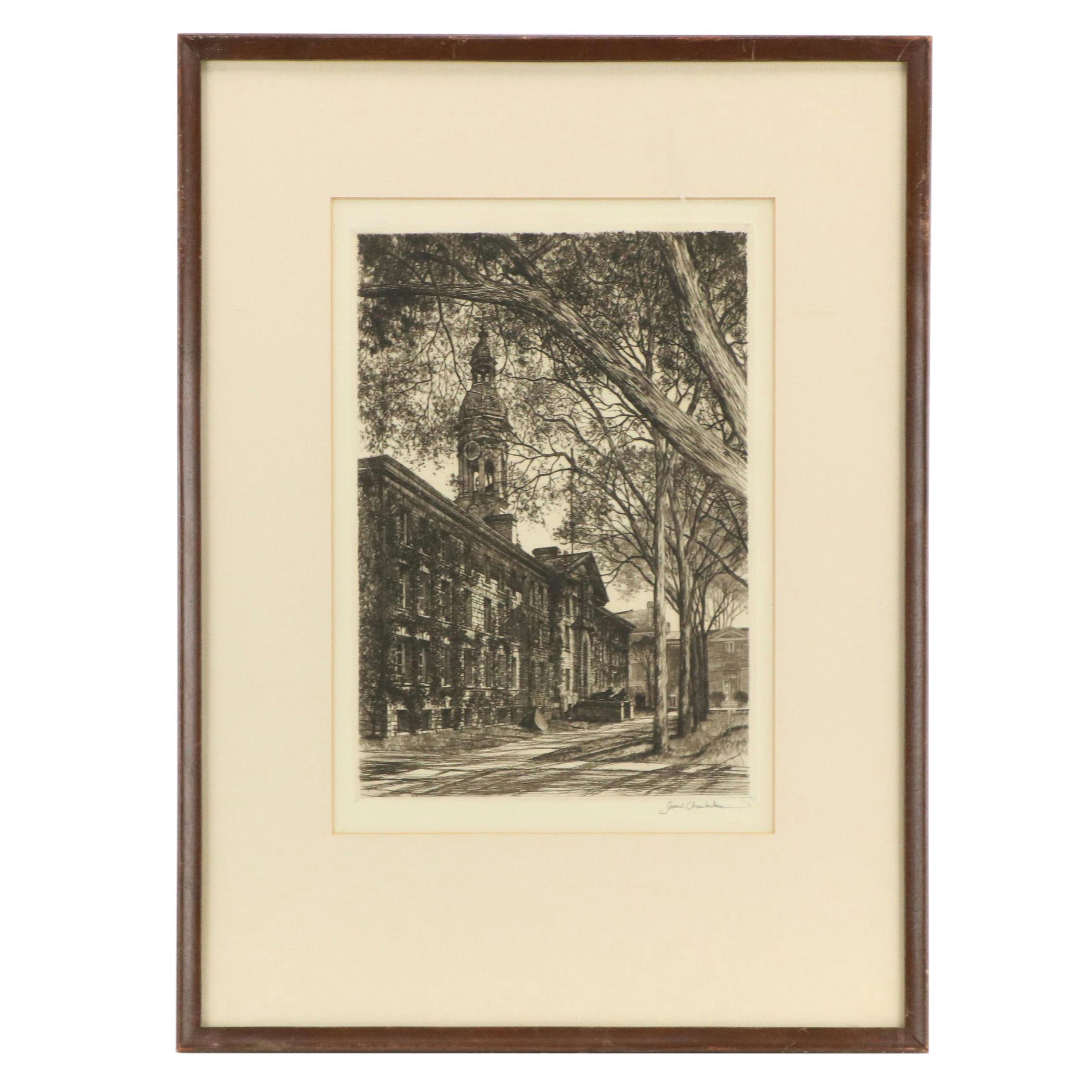 Samuel Chamberlain Etching "Nassau Hall From Chancellor Green"