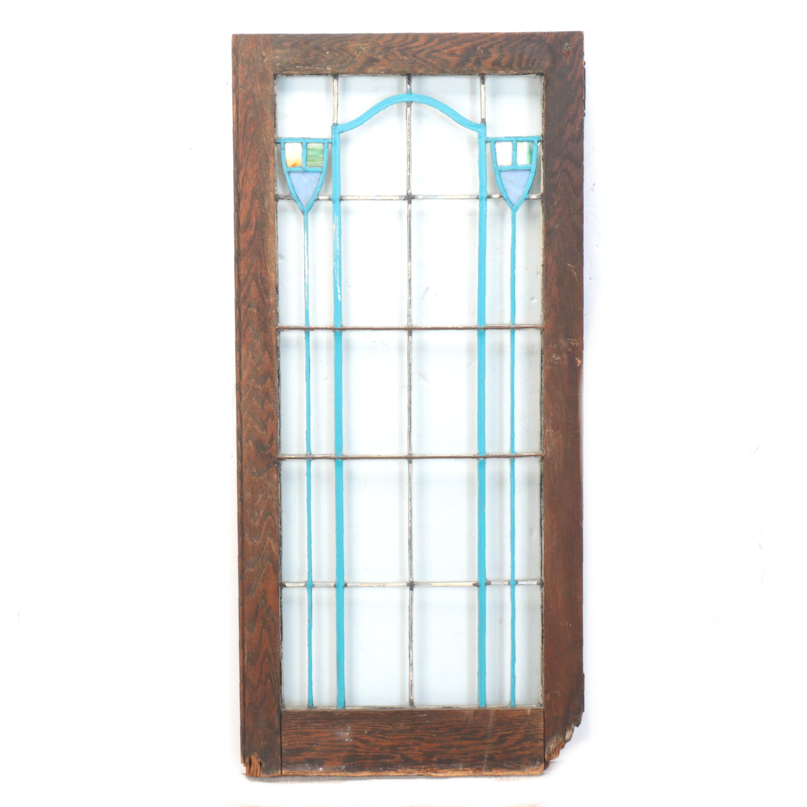 Oak Framed Leaded Clear and Slag Glass Window Panel