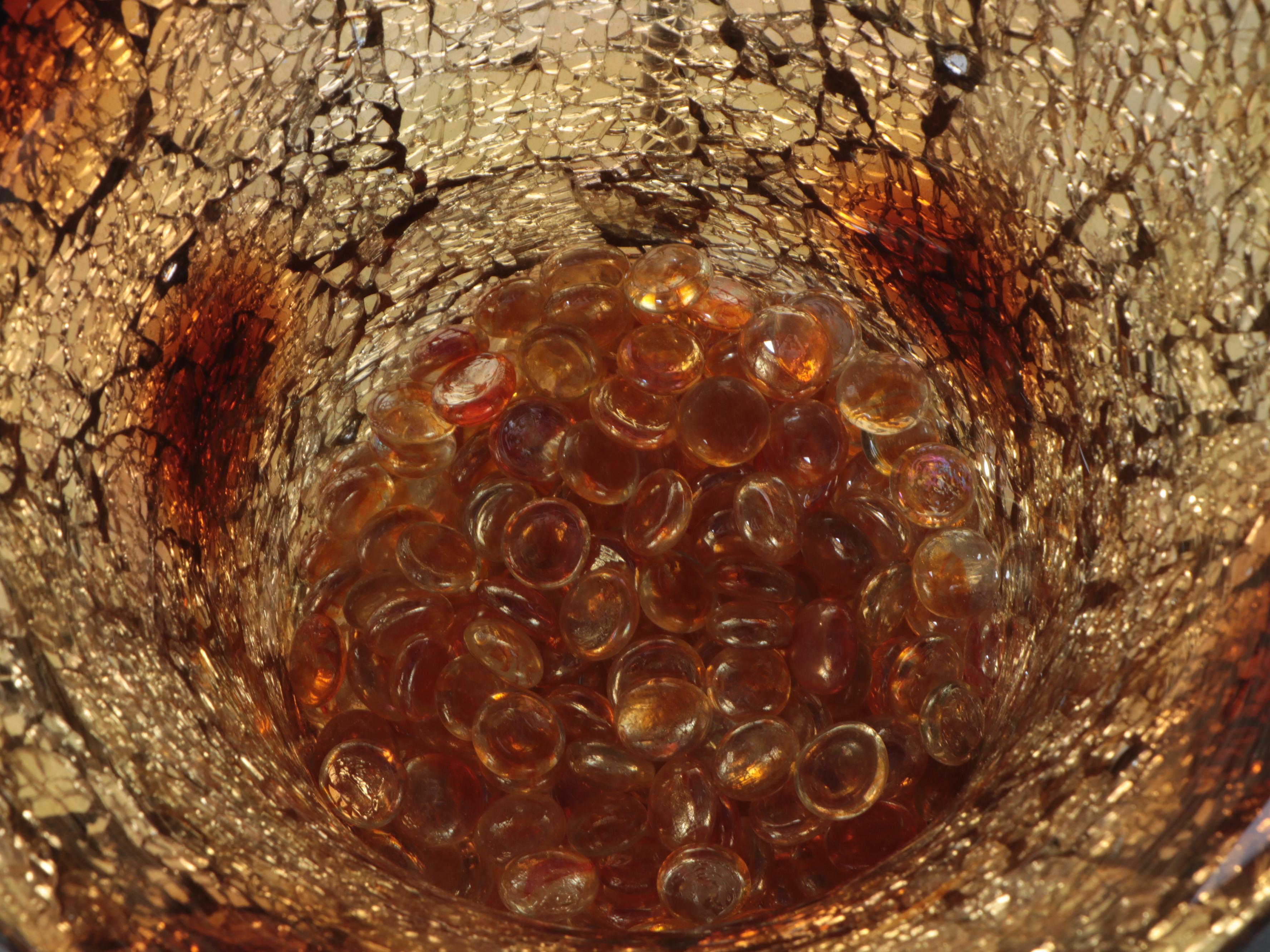 Crackle Amber Glass Vase in Metal Tripod Stand