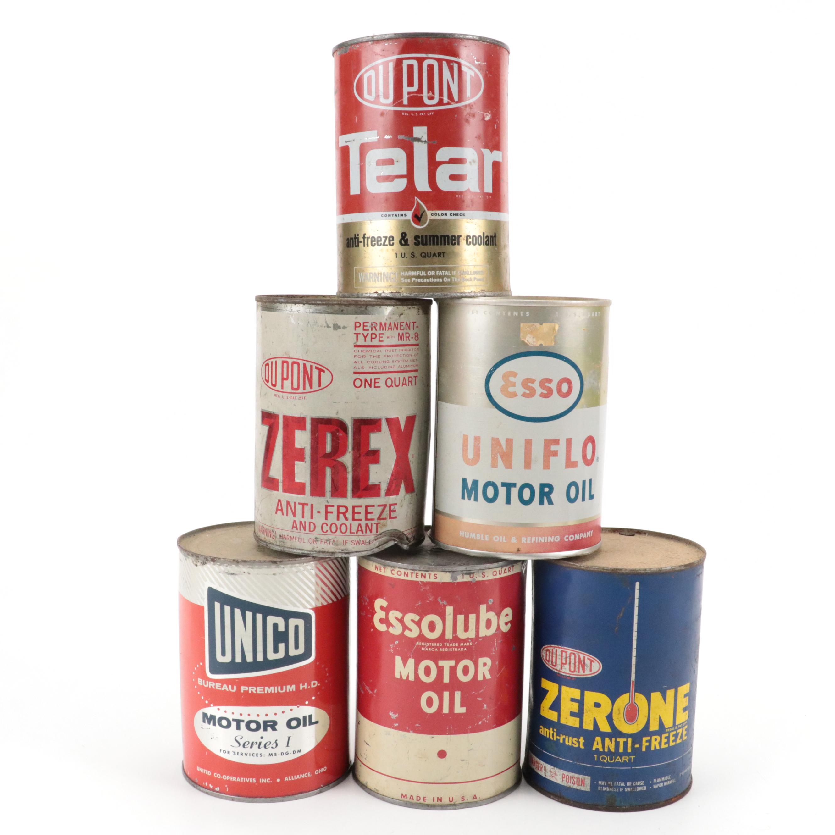 DuPont, Esso, Unico Motor Oil and Anti-Freeze Cans, Mid-20th Century