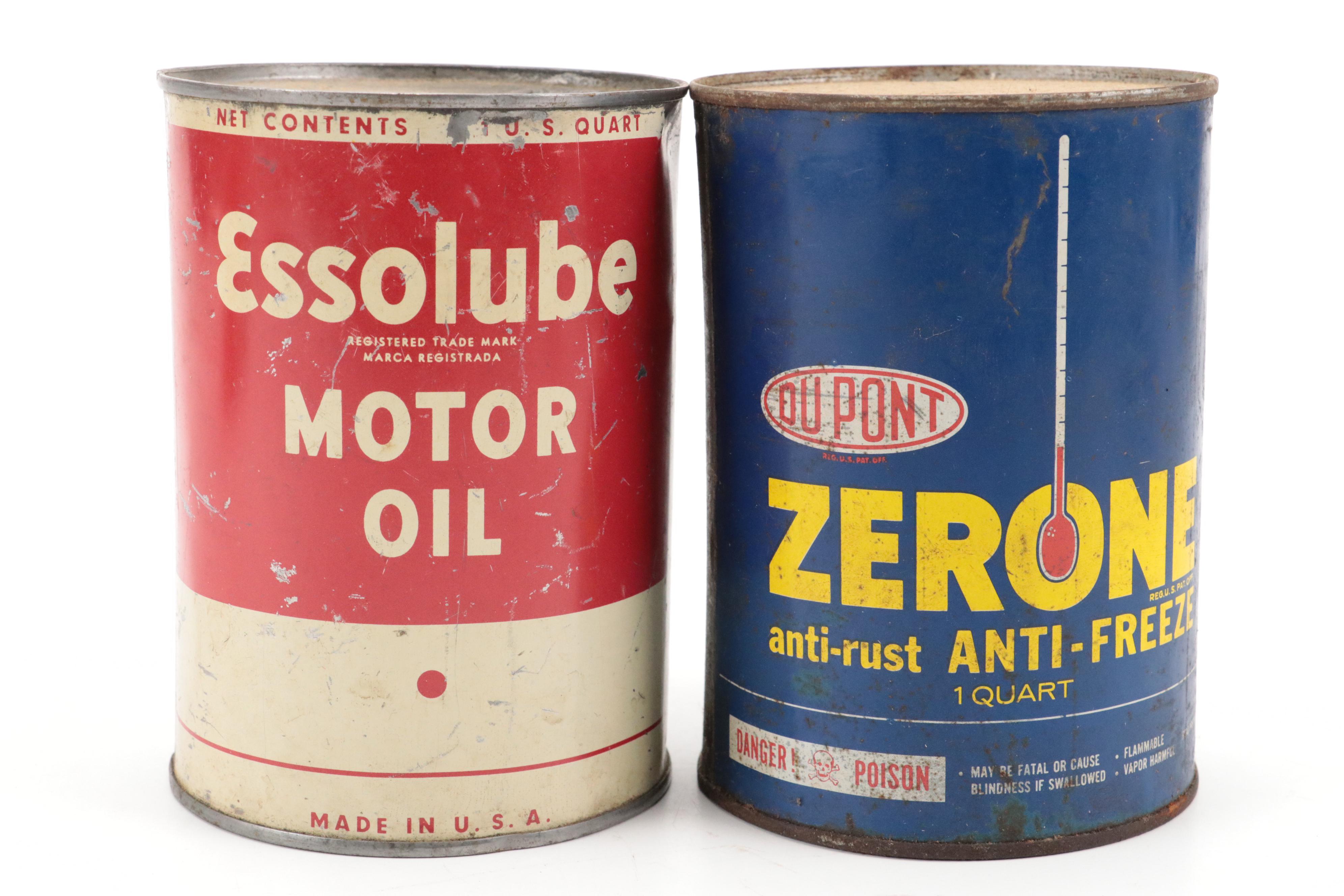 DuPont, Esso, Unico Motor Oil and Anti-Freeze Cans, Mid-20th Century