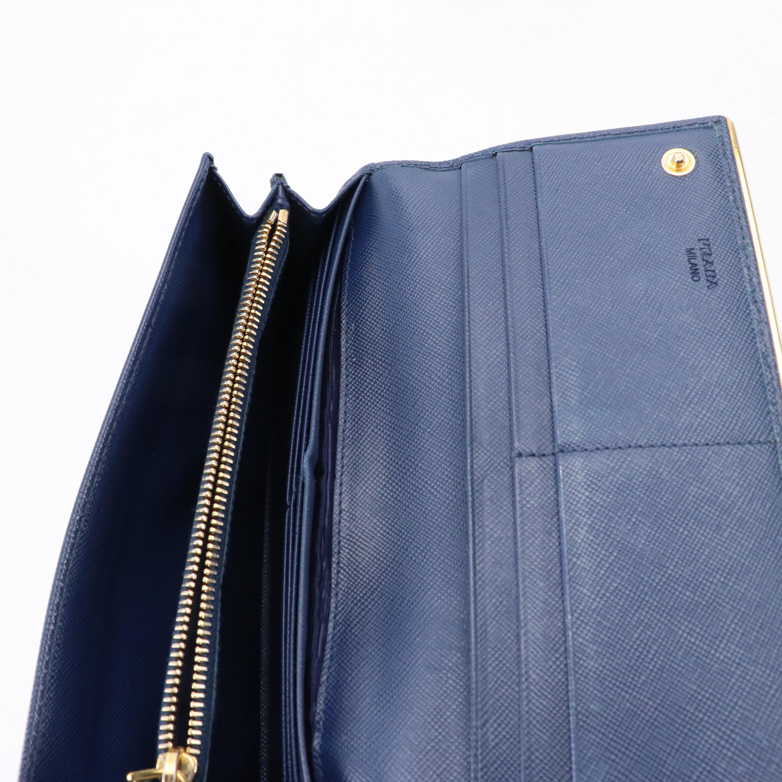 Prada Blue Saffiano Leather Continental Wallet with Box