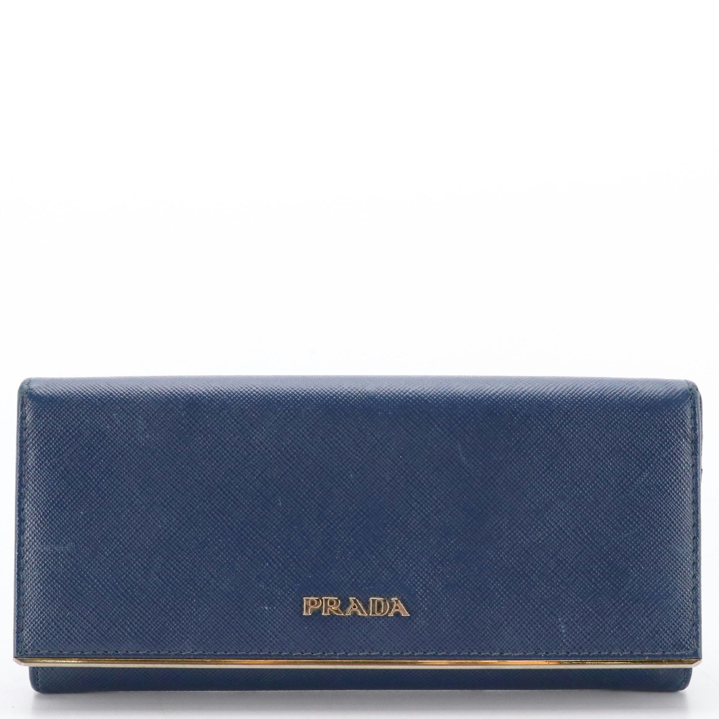 Prada Blue Saffiano Leather Continental Wallet with Box