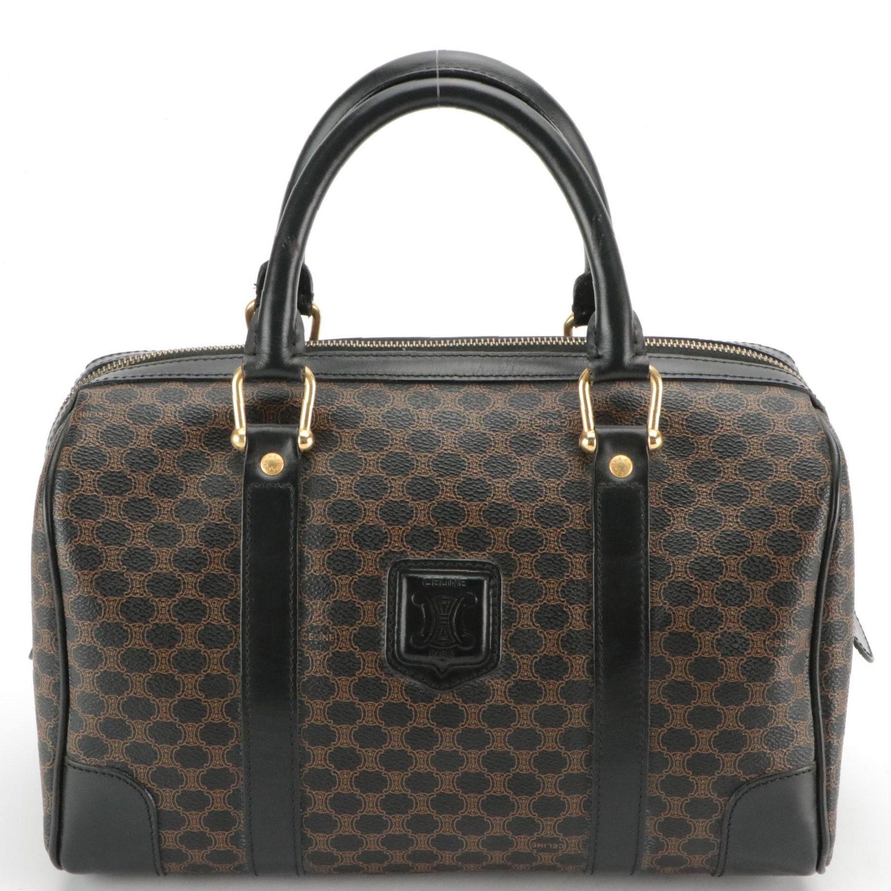 Celine Boston Bag in Macadam Canvas with Leather Trim