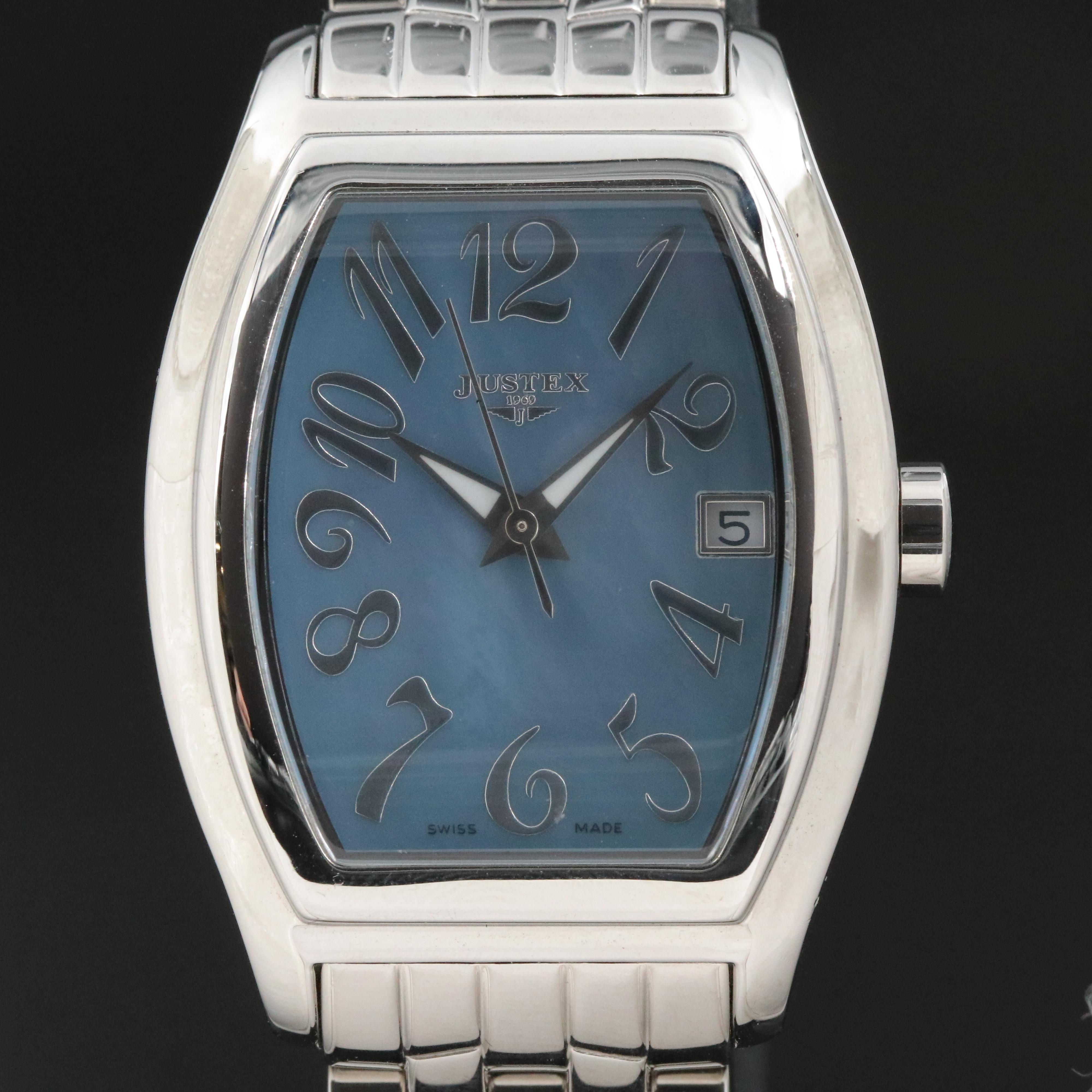 Justex Swiss Stainless Steel Quartz Watch with Blue Mother-of-Pearl Dial