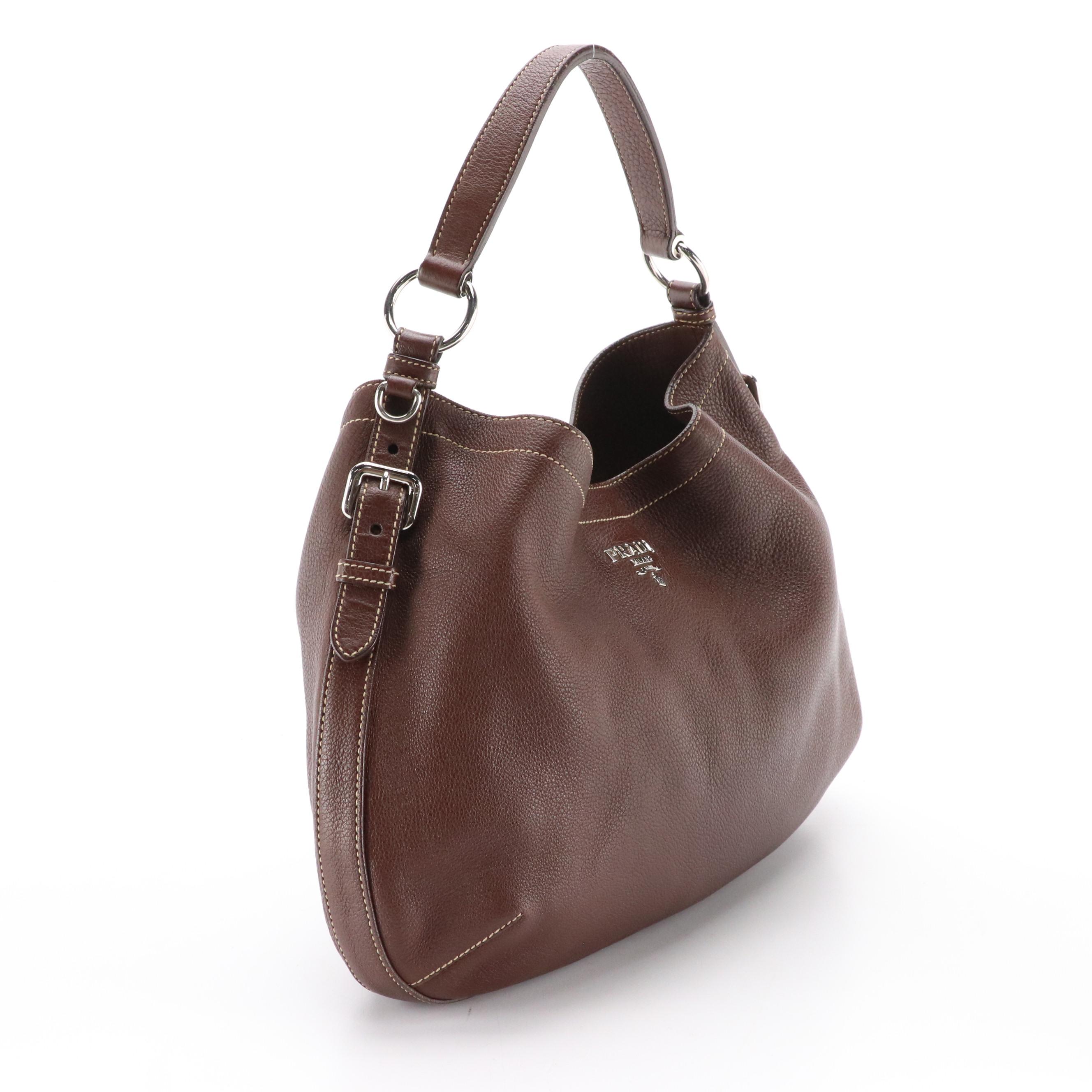 Prada Buckle Trimmed Chocolate Brown Leather Hobo Shoulder Bag