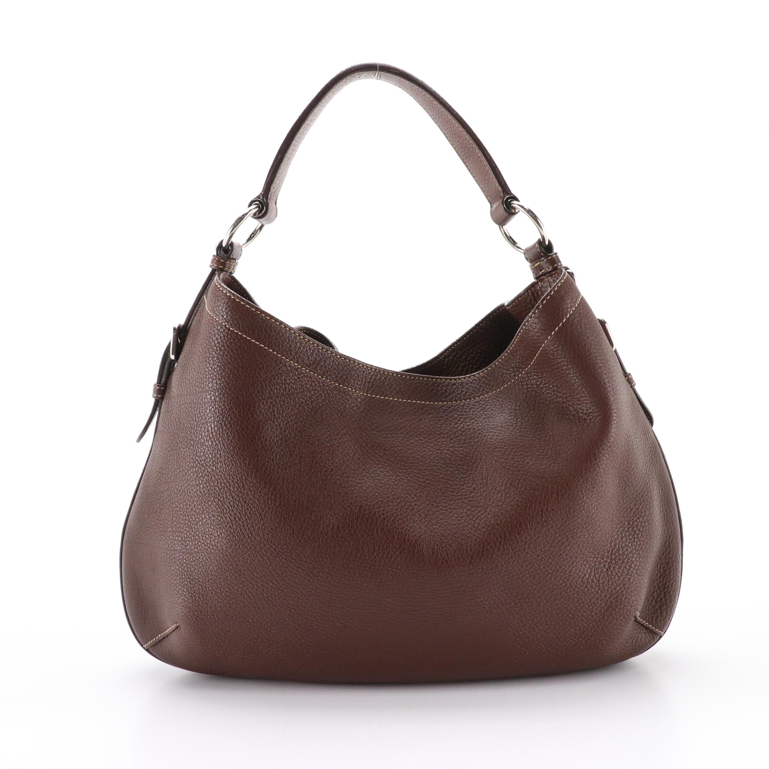 Prada Buckle Trimmed Chocolate Brown Leather Hobo Shoulder Bag
