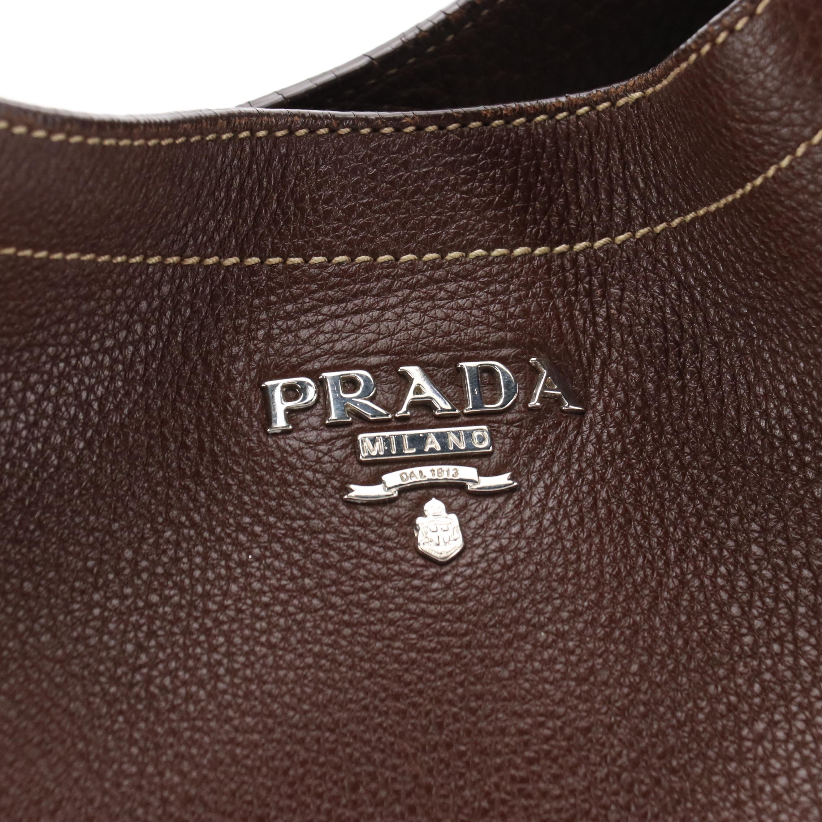 Prada Buckle Trimmed Chocolate Brown Leather Hobo Shoulder Bag