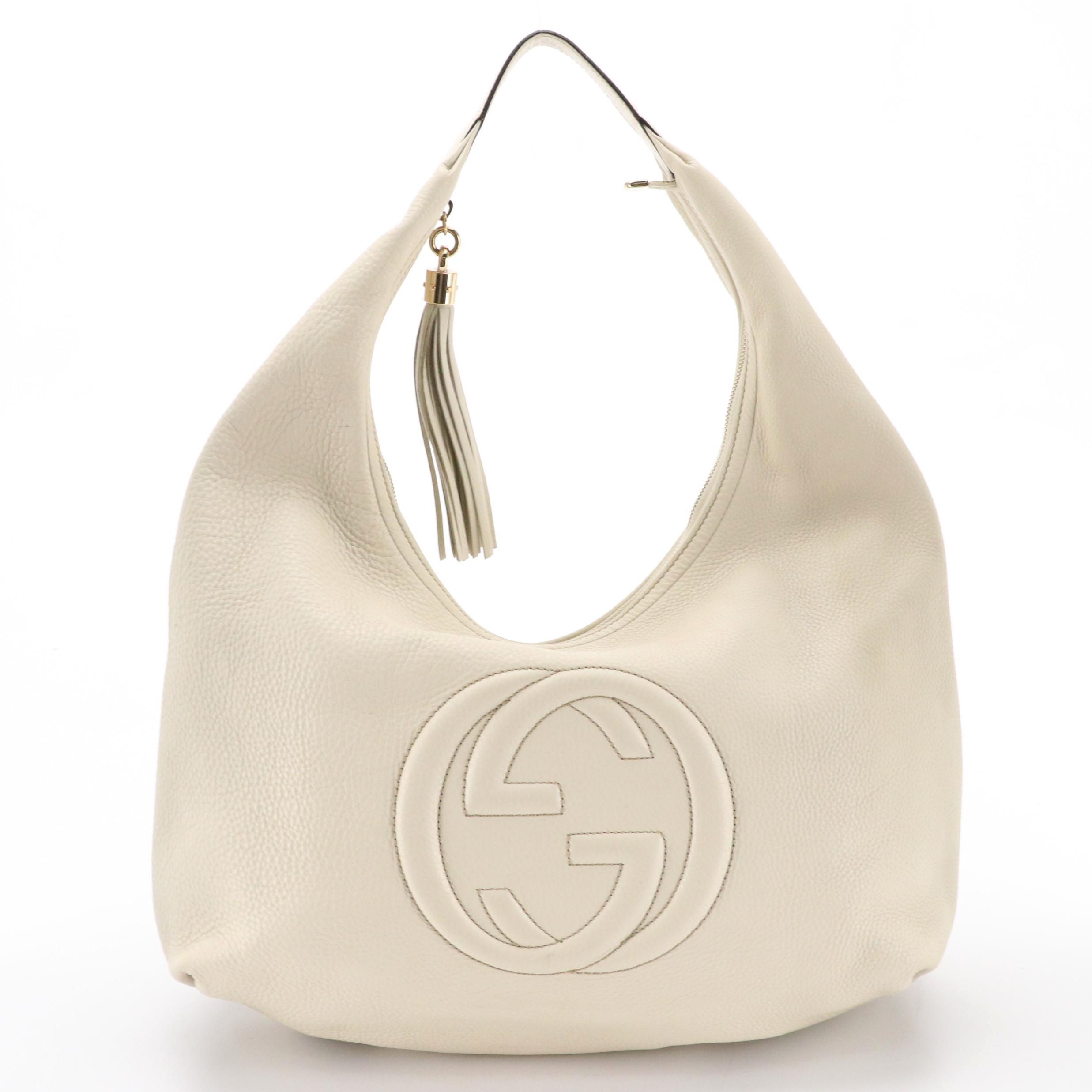 Gucci Soho Large Hobo Shoulder Bag in Ivory Grained Leather with Tassel