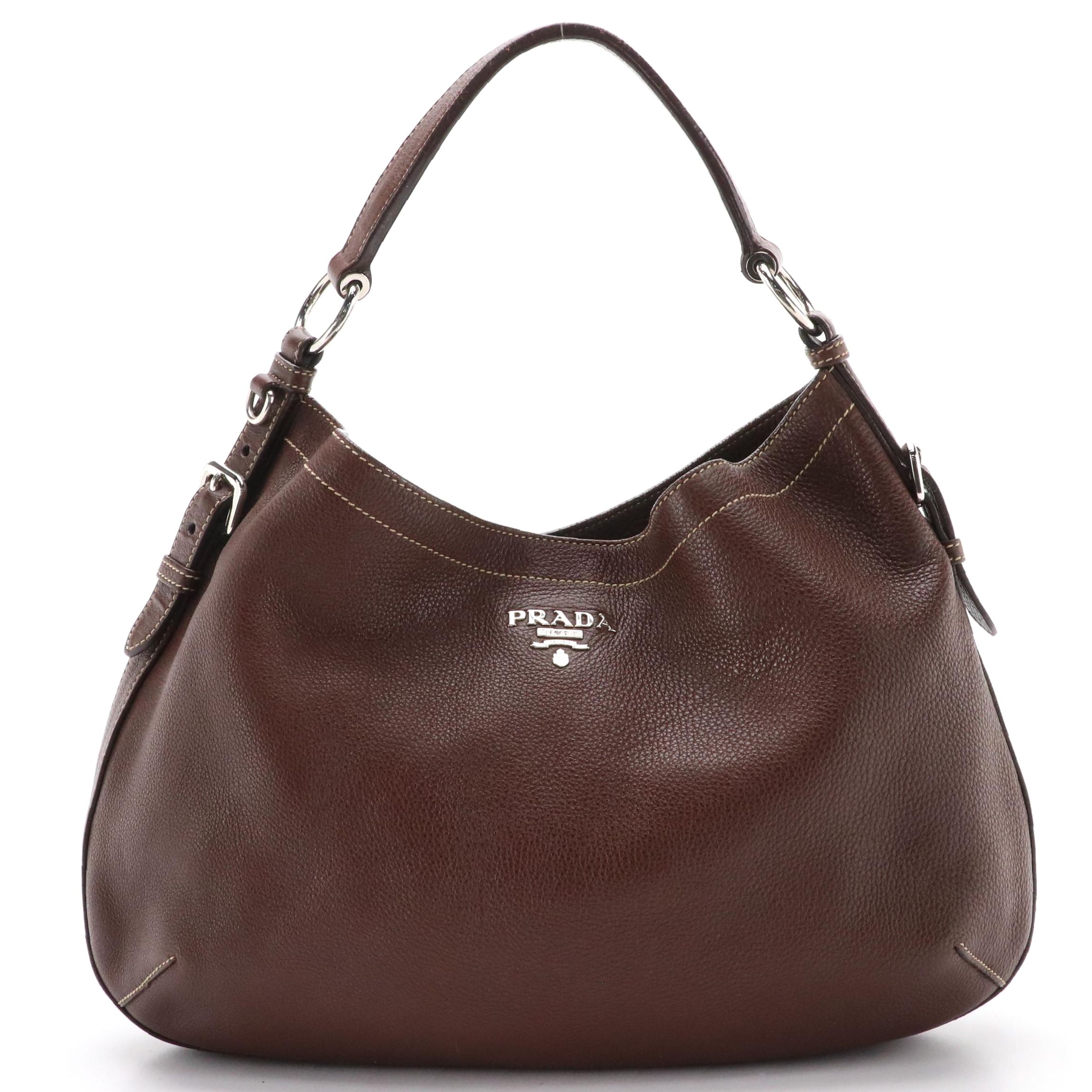Prada Buckle Trimmed Chocolate Brown Leather Hobo Shoulder Bag