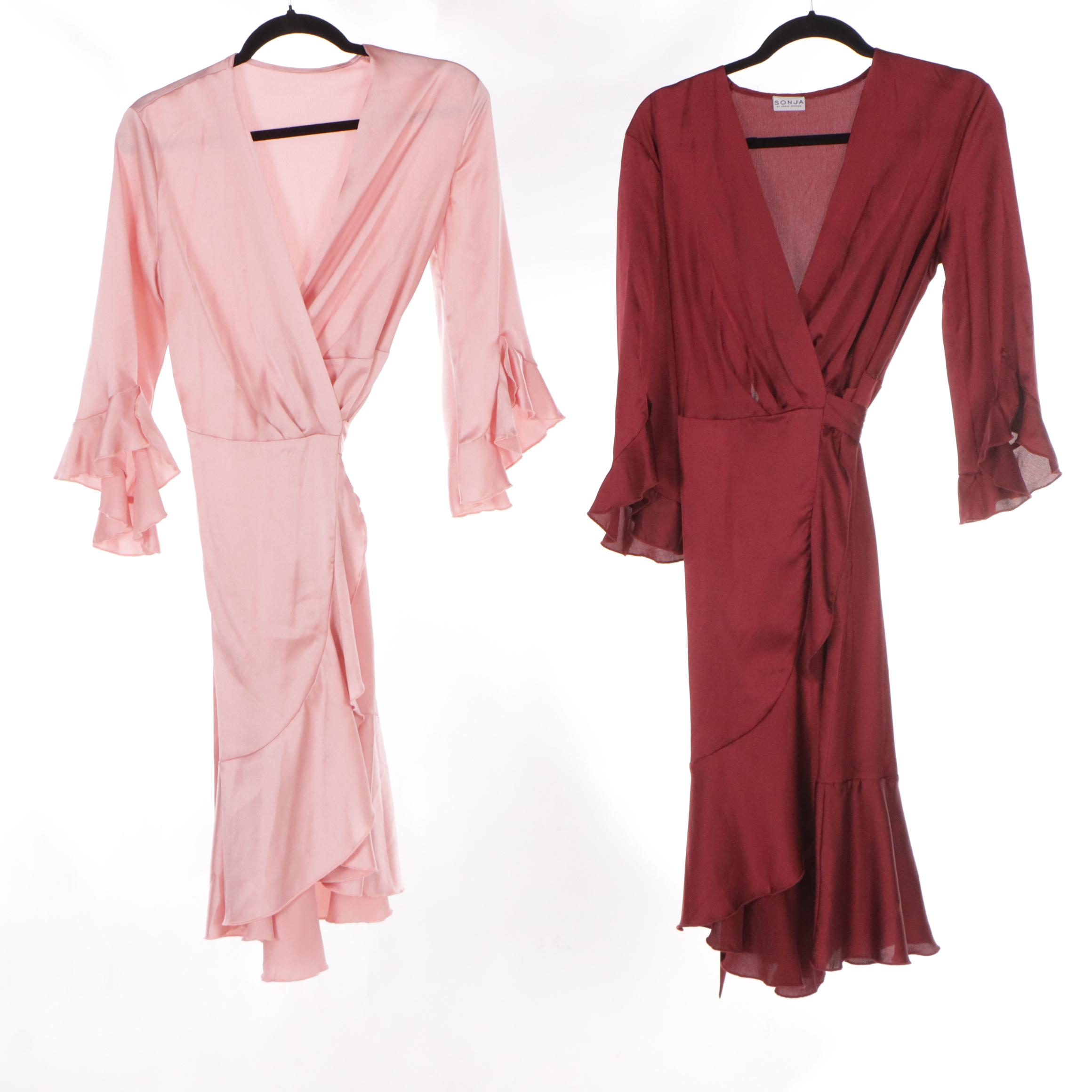Sonja by Sonja Morgan Ruffled Wrap Dresses in Polyester Satin