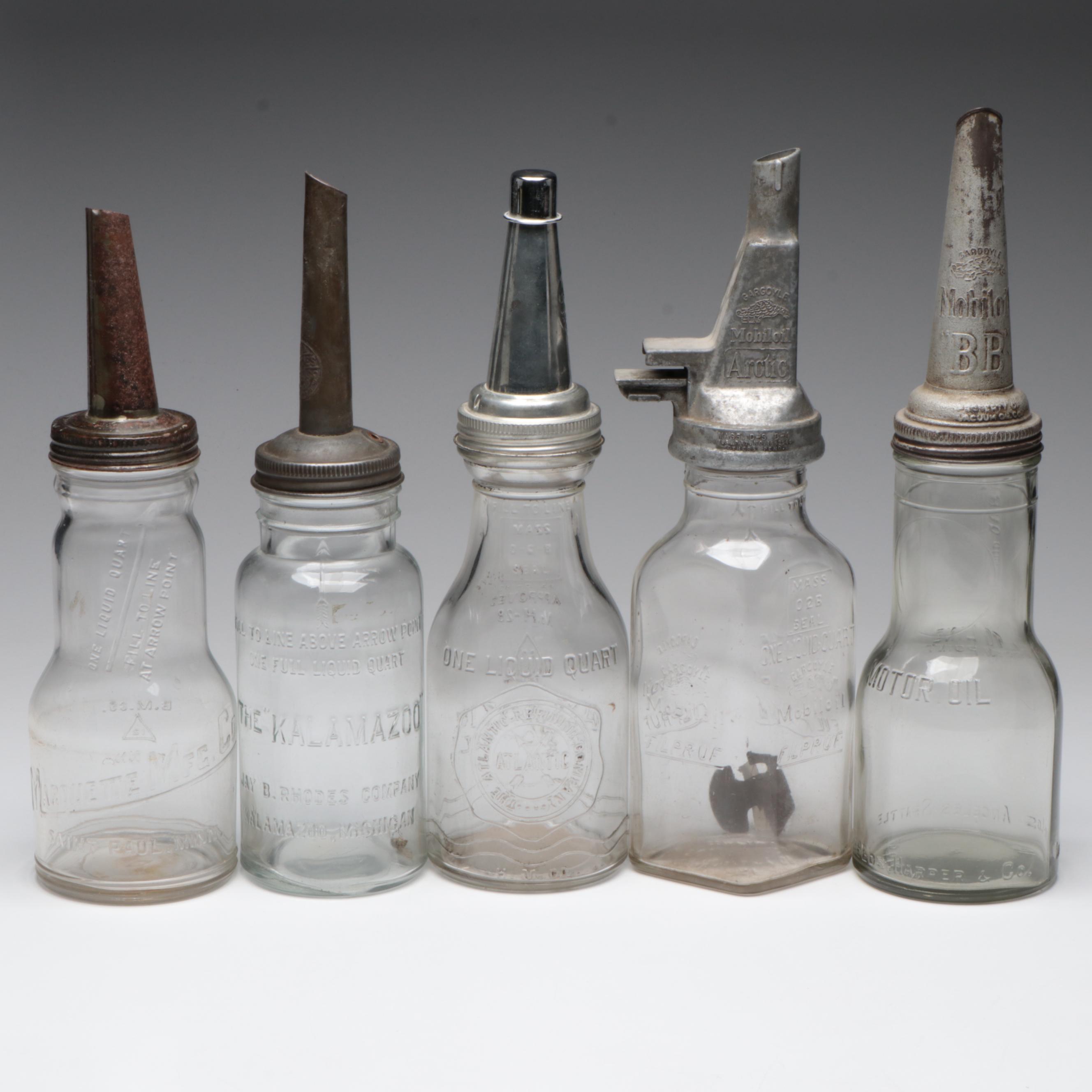 Glass Motor Oil Bottles Incl. The Kalamazoo, Mobiloil and Others, Vintage