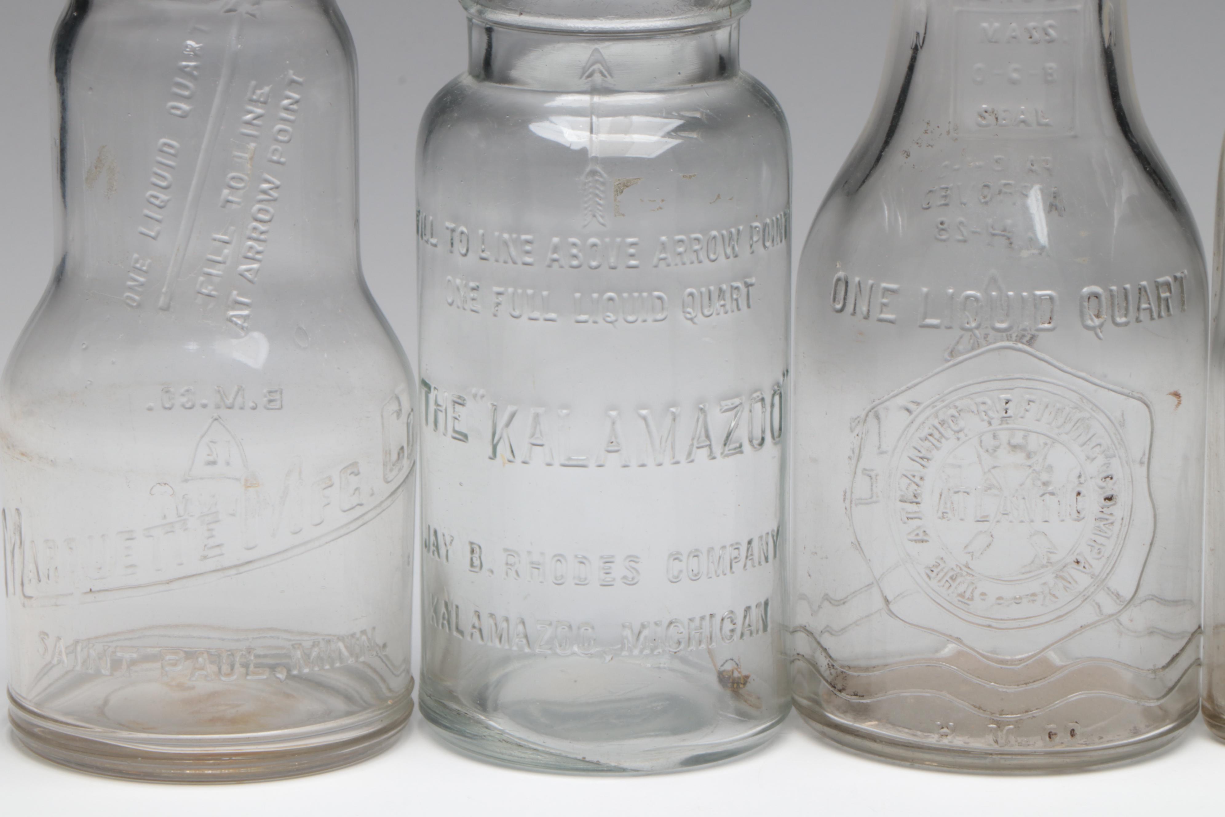 Glass Motor Oil Bottles Incl. The Kalamazoo, Mobiloil and Others, Vintage