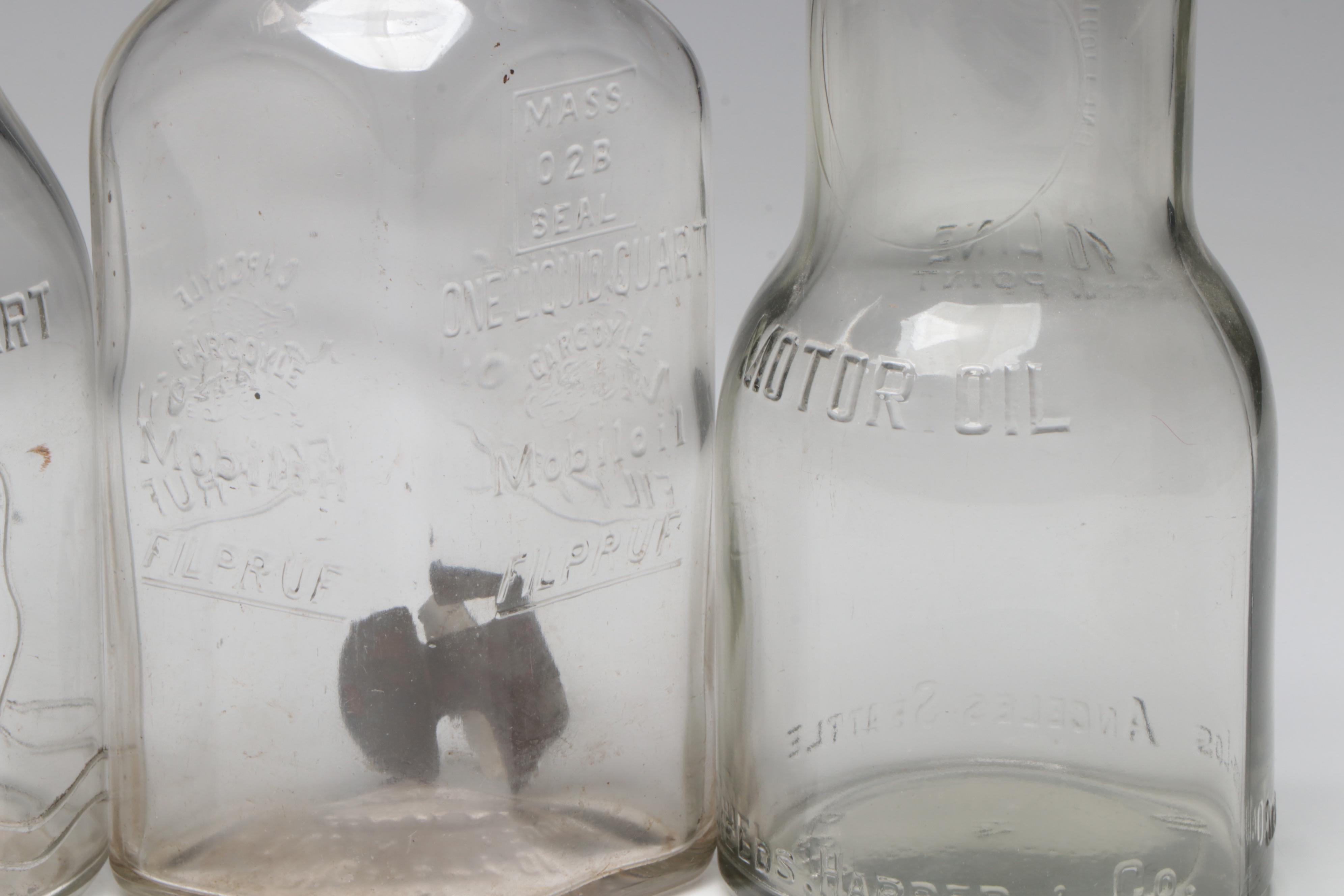 Glass Motor Oil Bottles Incl. The Kalamazoo, Mobiloil and Others, Vintage