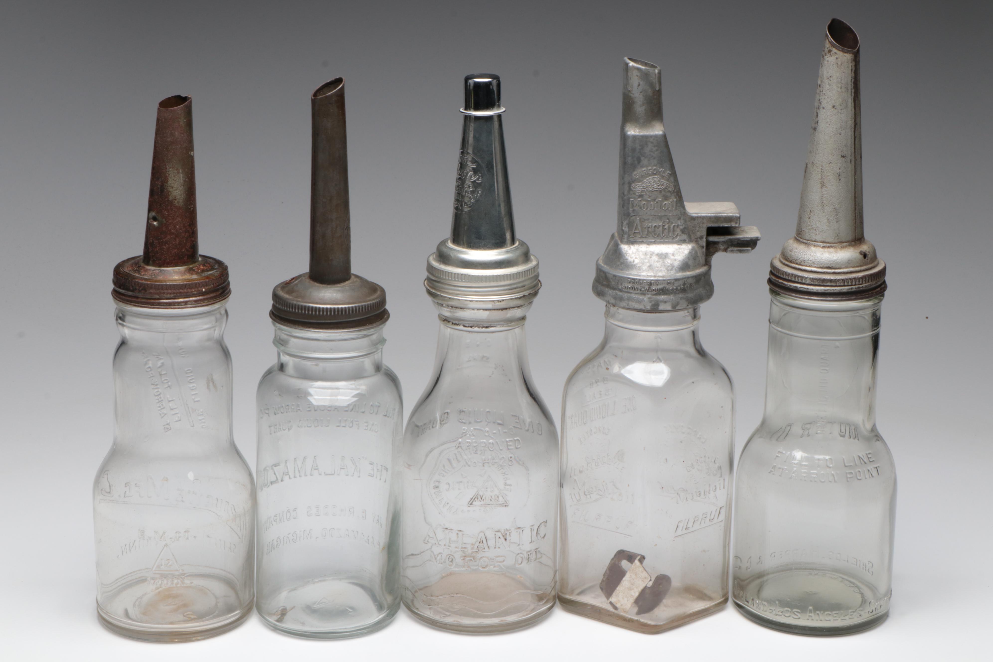 Glass Motor Oil Bottles Incl. The Kalamazoo, Mobiloil and Others, Vintage