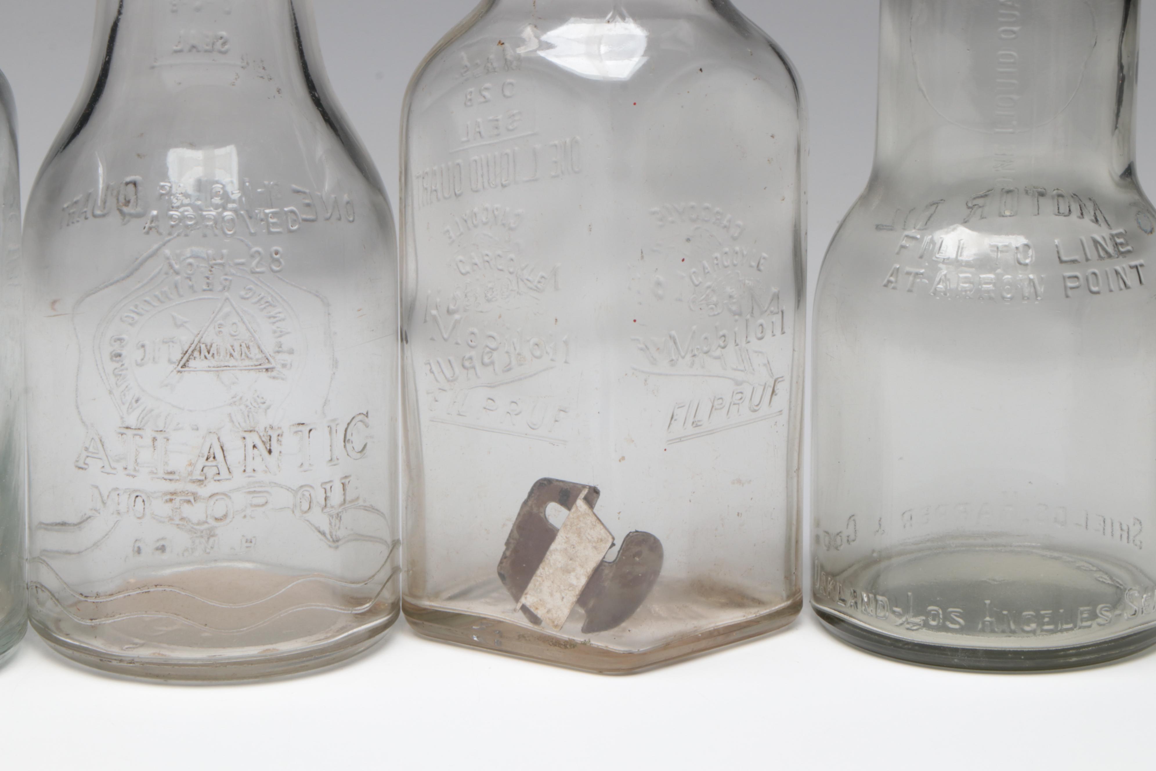 Glass Motor Oil Bottles Incl. The Kalamazoo, Mobiloil and Others, Vintage