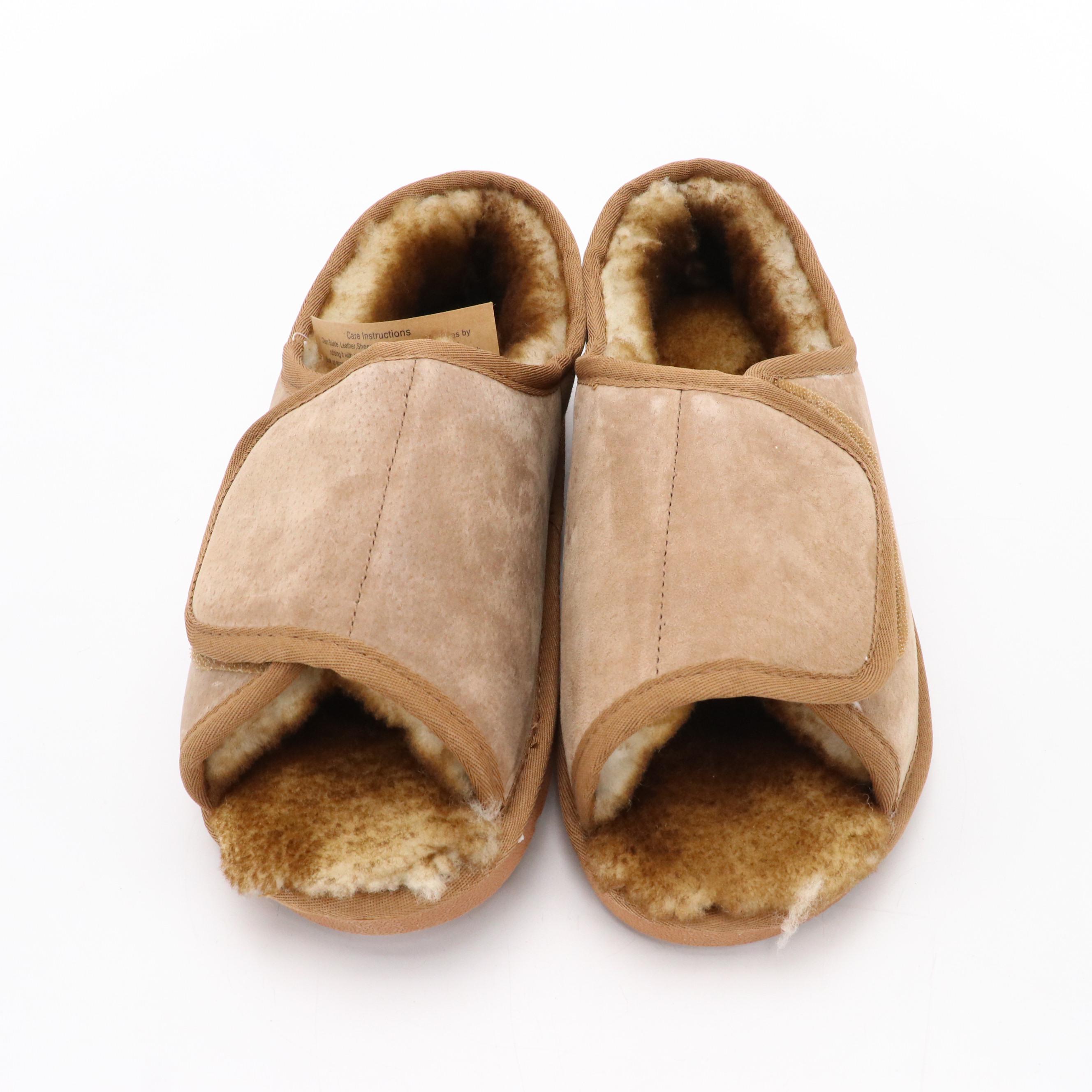 Men's Open-Toe Adjustable Slippers in Chestnut Suede and Sheepskin with Box