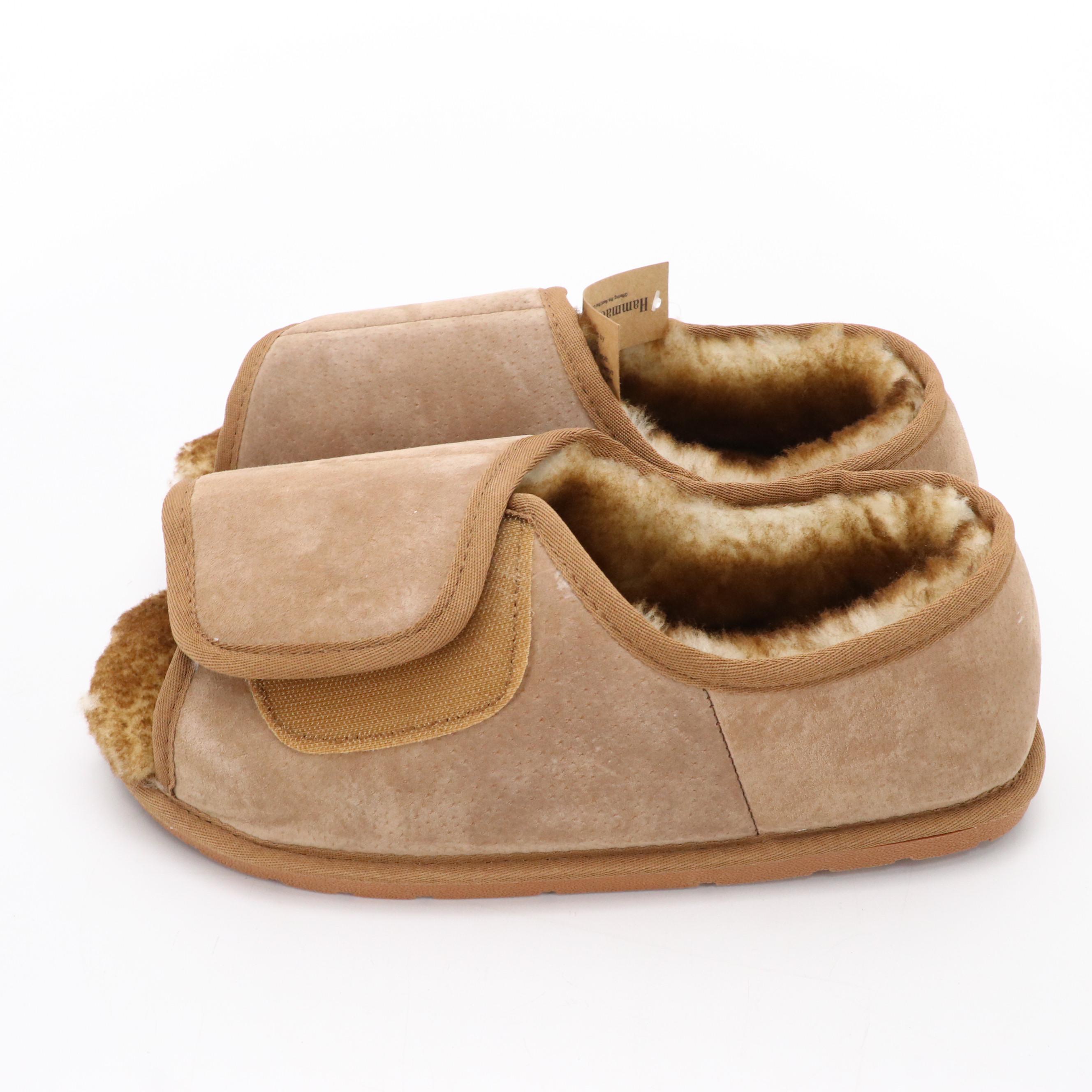 Men's Open-Toe Adjustable Slippers in Chestnut Suede and Sheepskin with Box