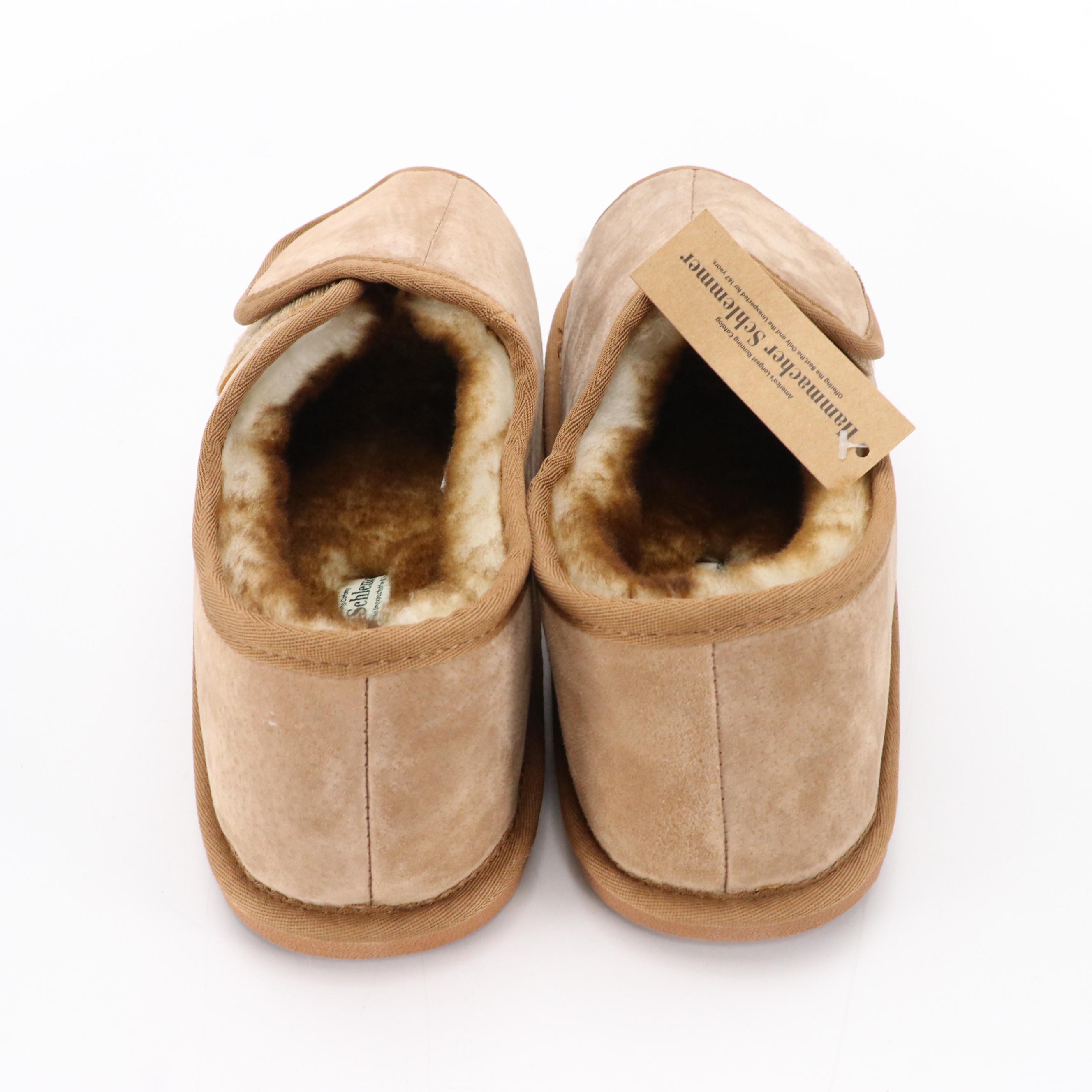 Men's Open-Toe Adjustable Slippers in Chestnut Suede and Sheepskin with Box
