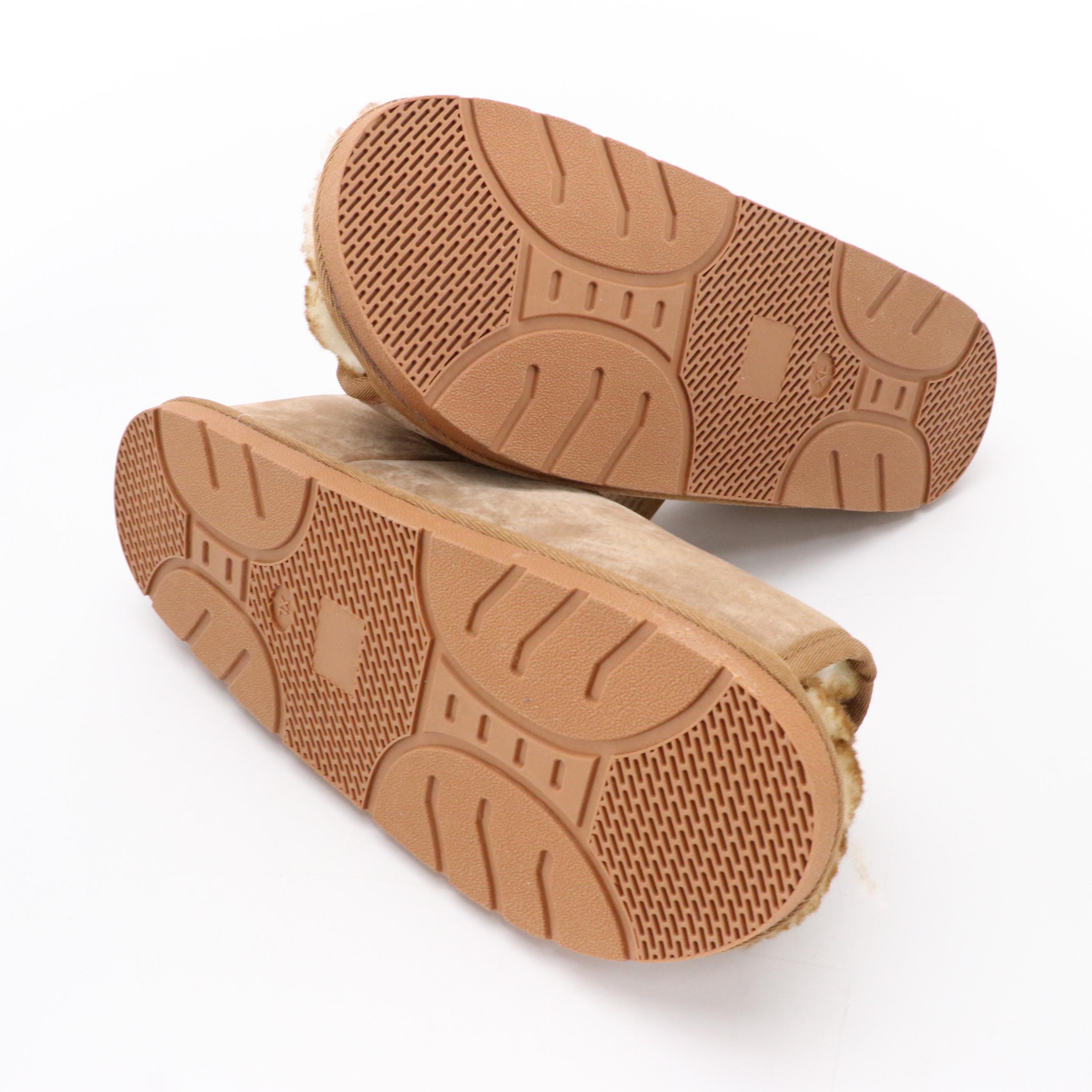 Men's Open-Toe Adjustable Slippers in Chestnut Suede and Sheepskin with Box