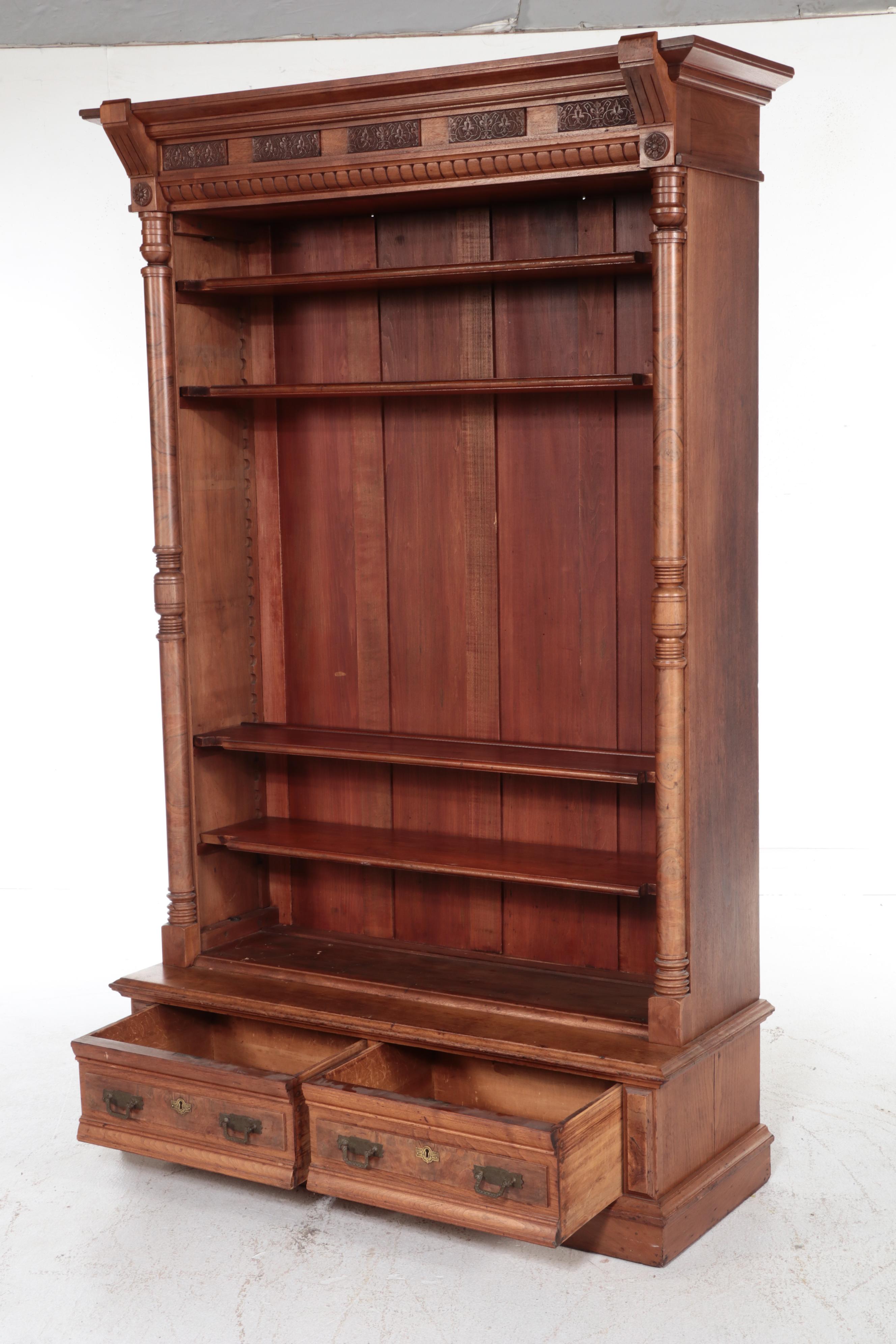 Victorian Carved Walnut and Burl Wood Cabinet Bookcase, 19th Century