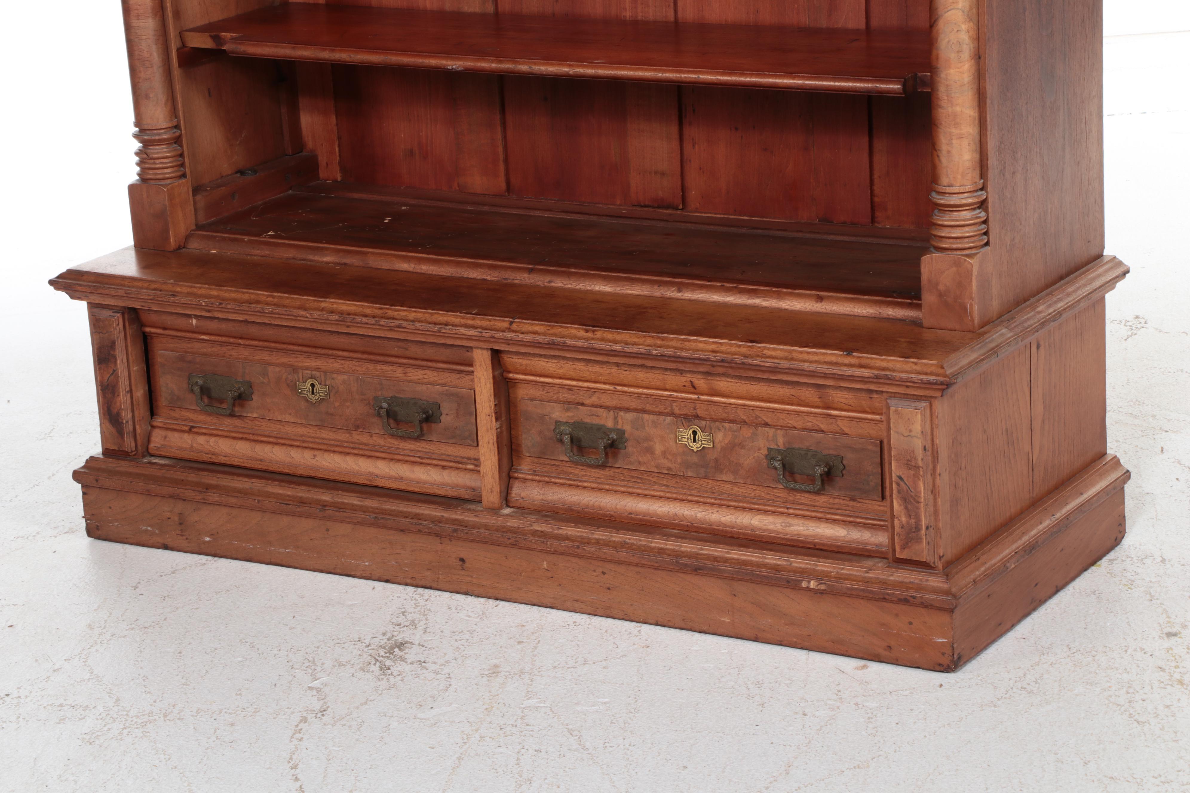 Victorian Carved Walnut and Burl Wood Cabinet Bookcase, 19th Century