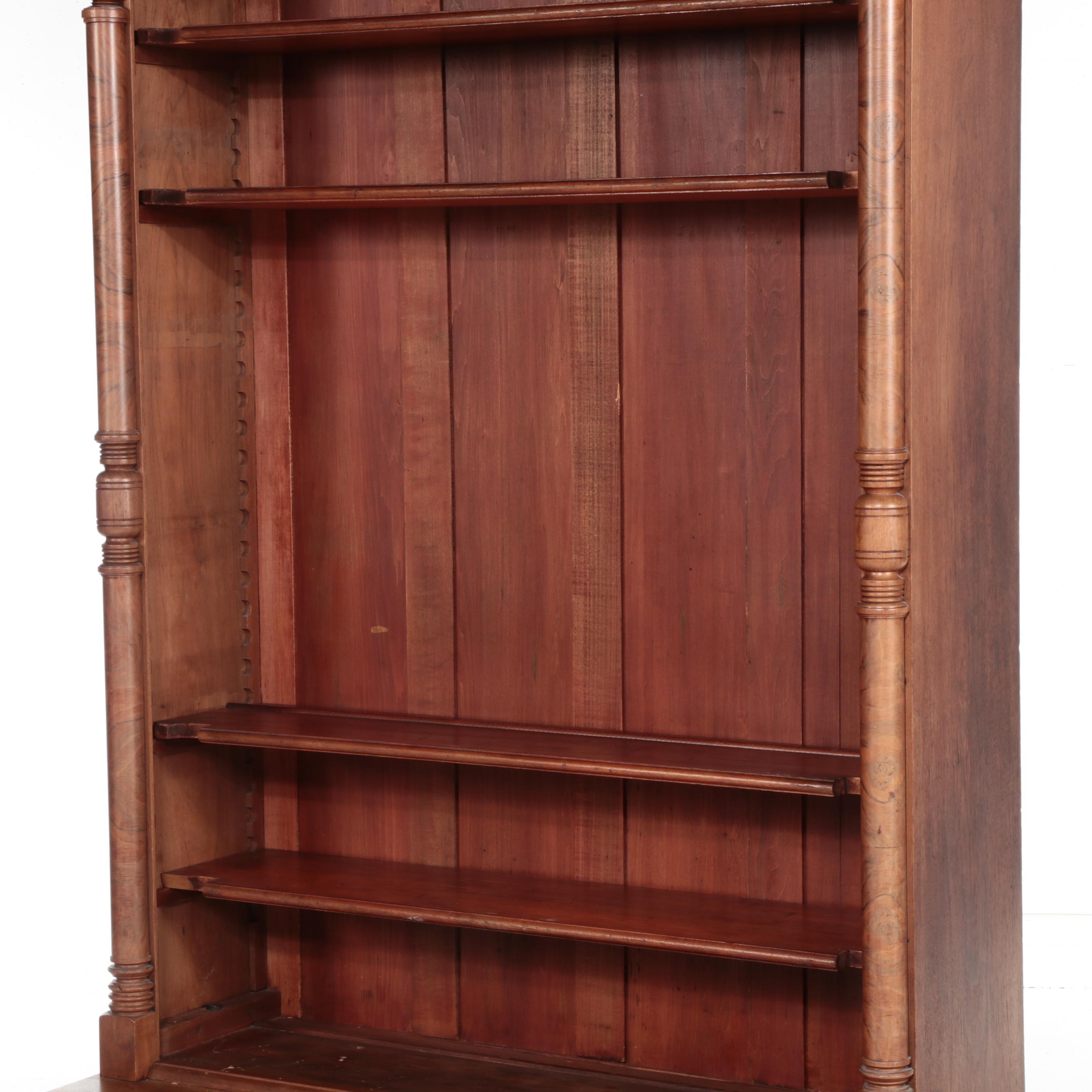 Victorian Carved Walnut and Burl Wood Cabinet Bookcase, 19th Century