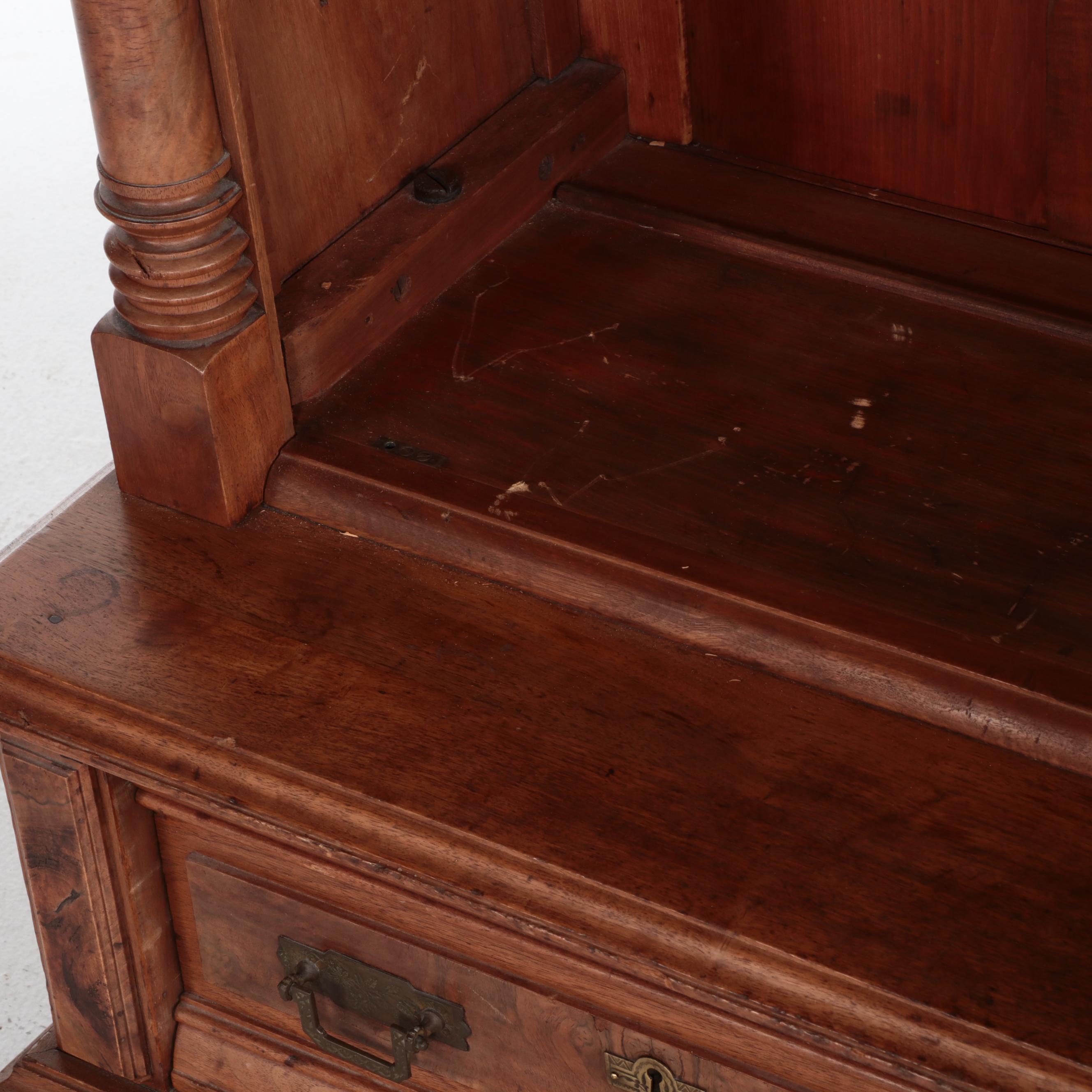 Victorian Carved Walnut and Burl Wood Cabinet Bookcase, 19th Century